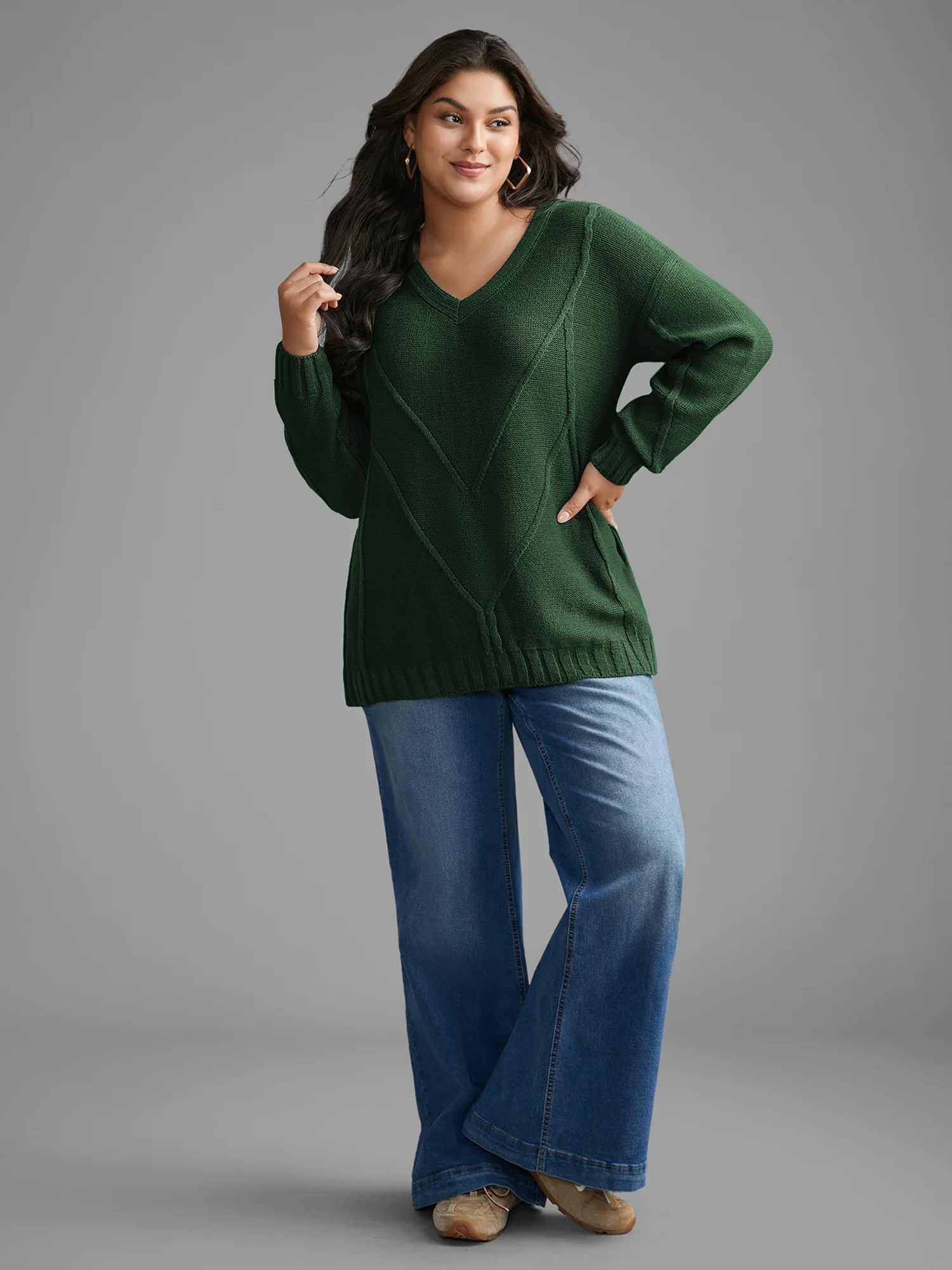 V Neck Cable Knit Texture Pullover - Image 12