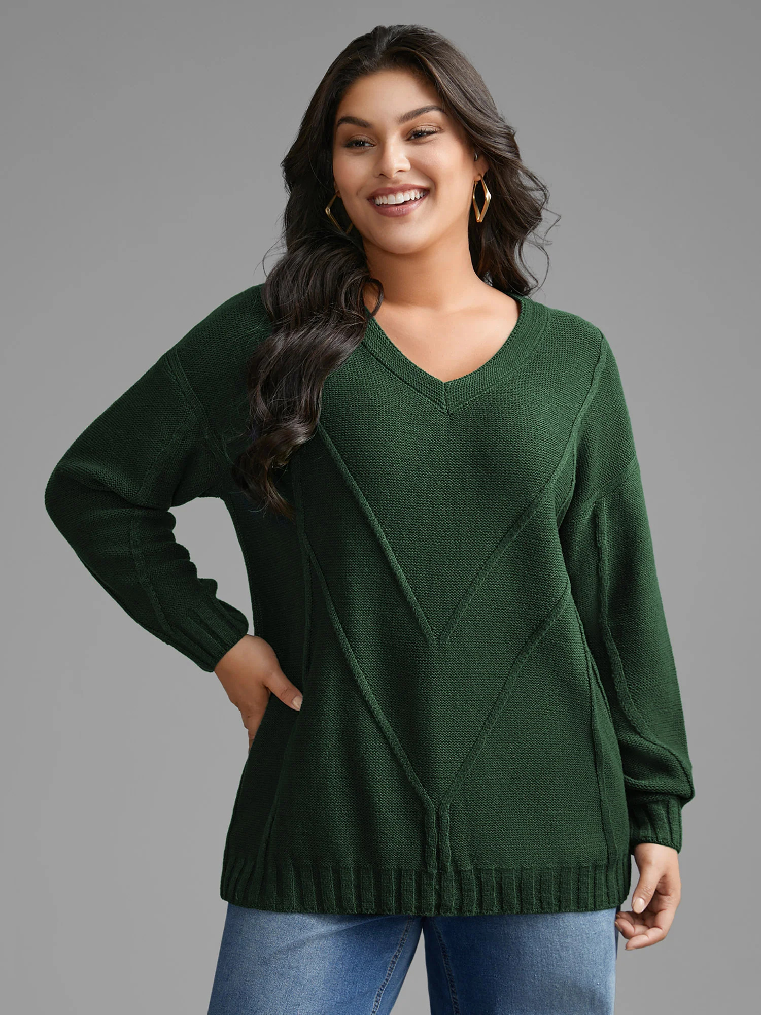 V Neck Cable Knit Texture Pullover - Image 13