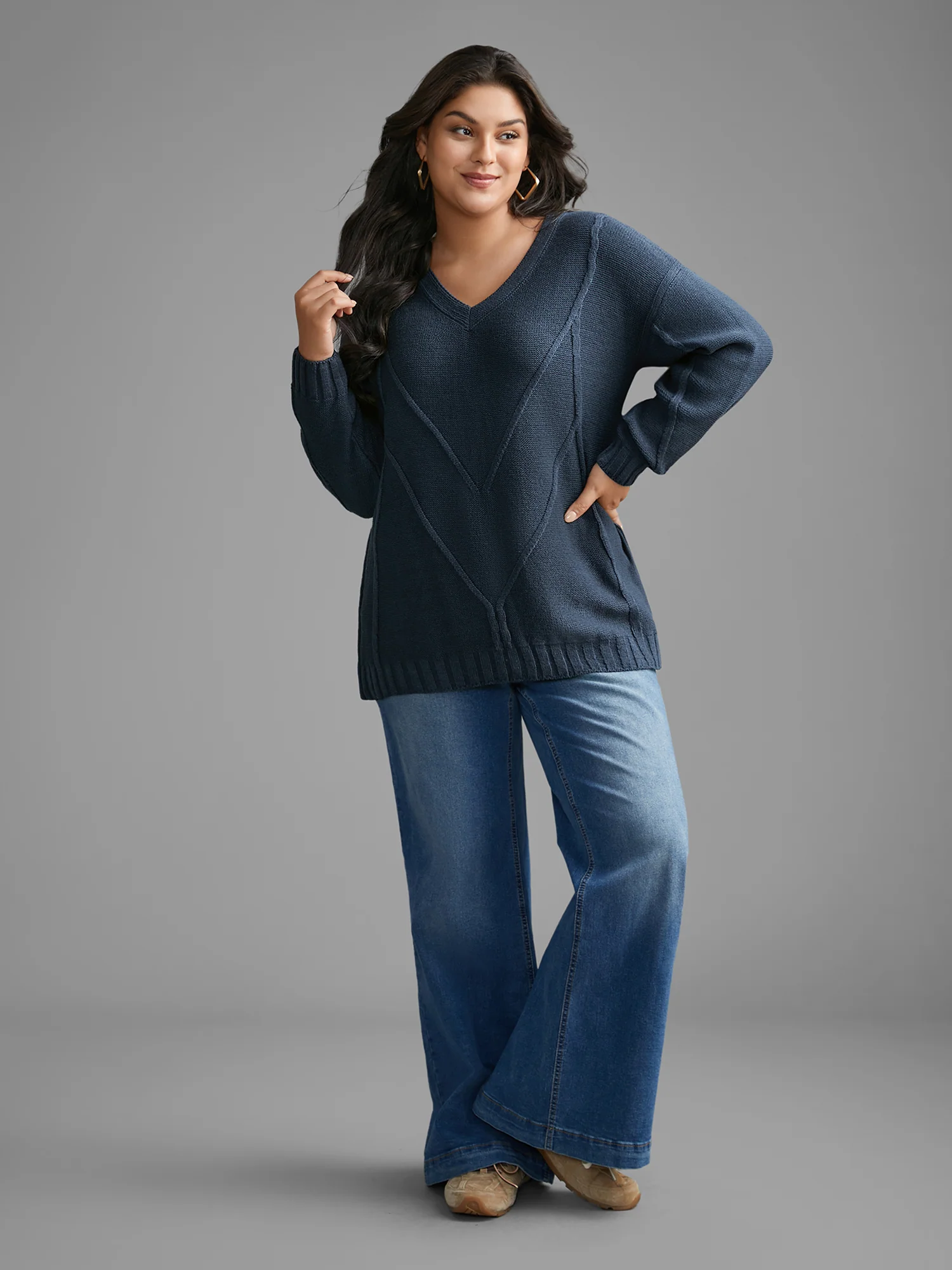 V Neck Cable Knit Texture Pullover - Image 3