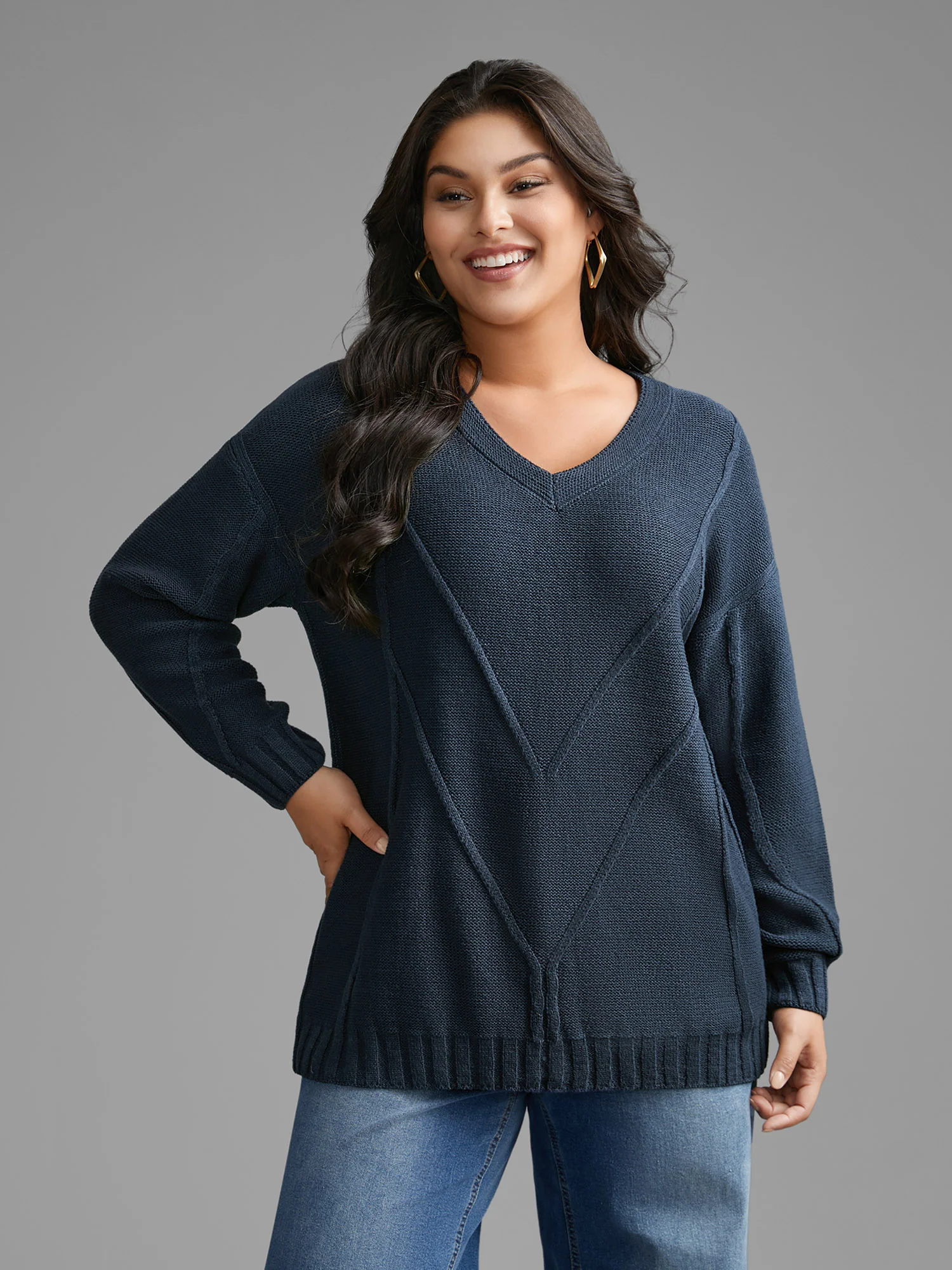 V Neck Cable Knit Texture Pullover - Image 4