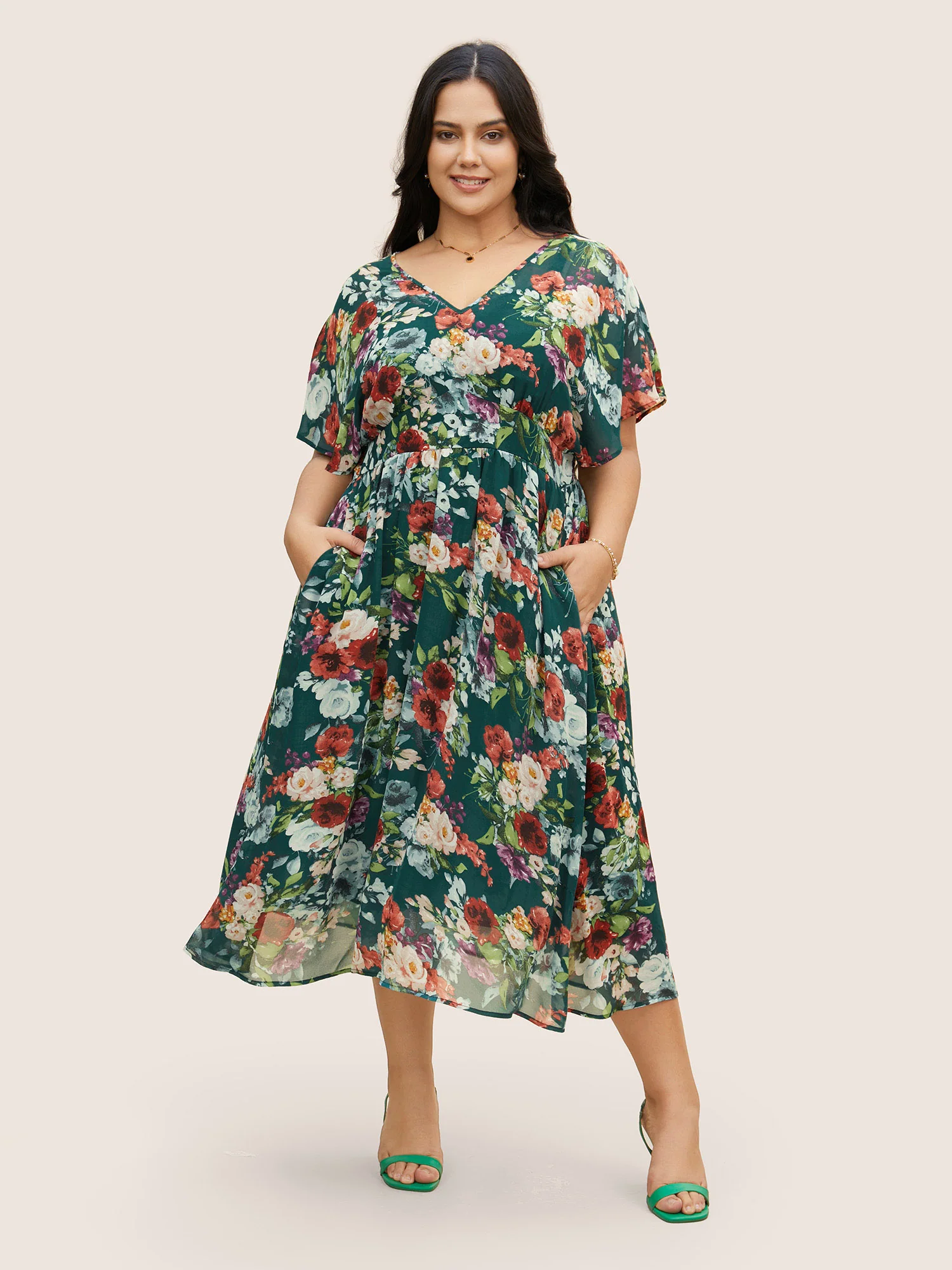 V Neck Chiffon Floral Dolman Sleeve Dress - Image 2