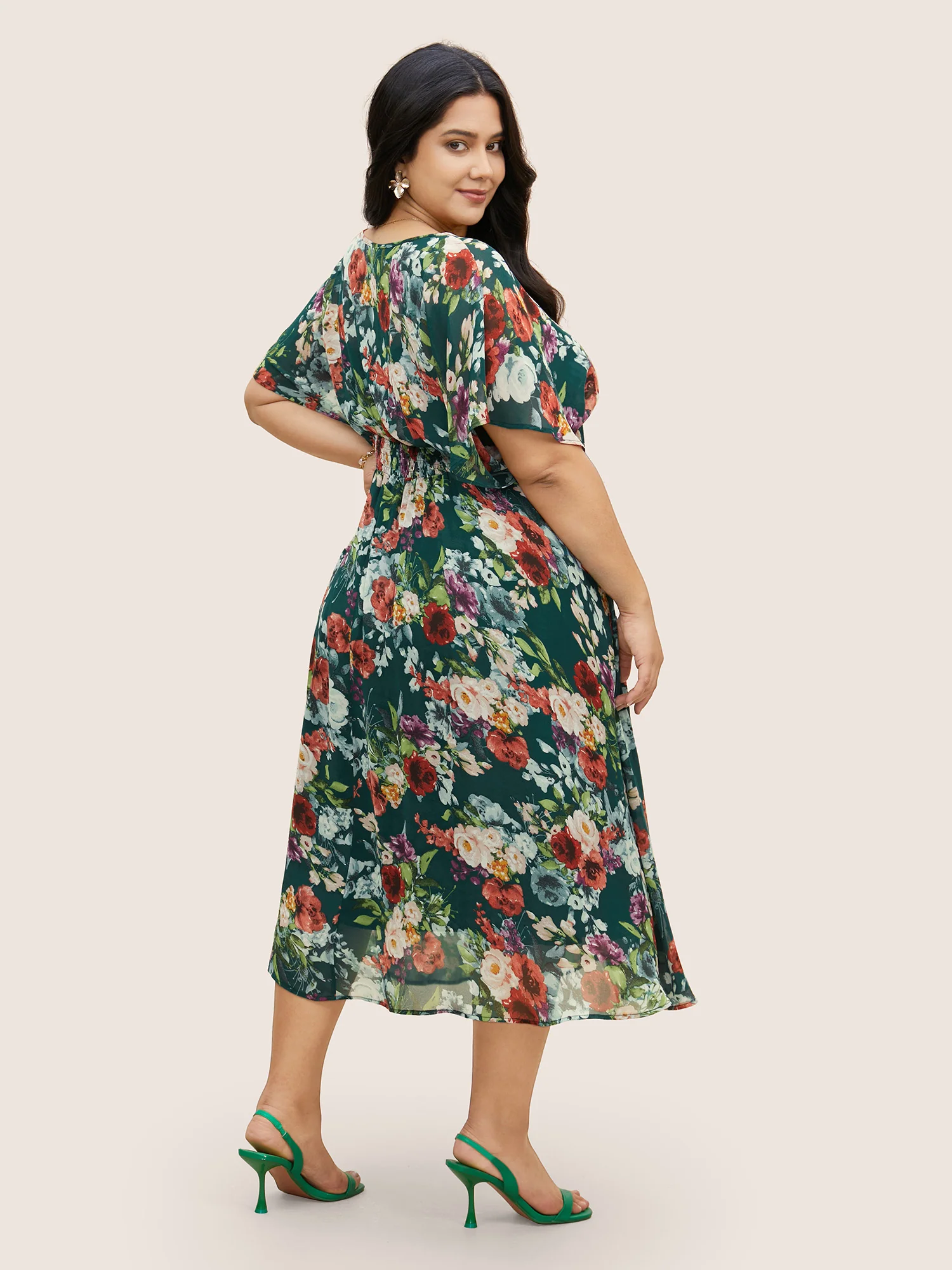 V Neck Chiffon Floral Dolman Sleeve Dress - Image 3