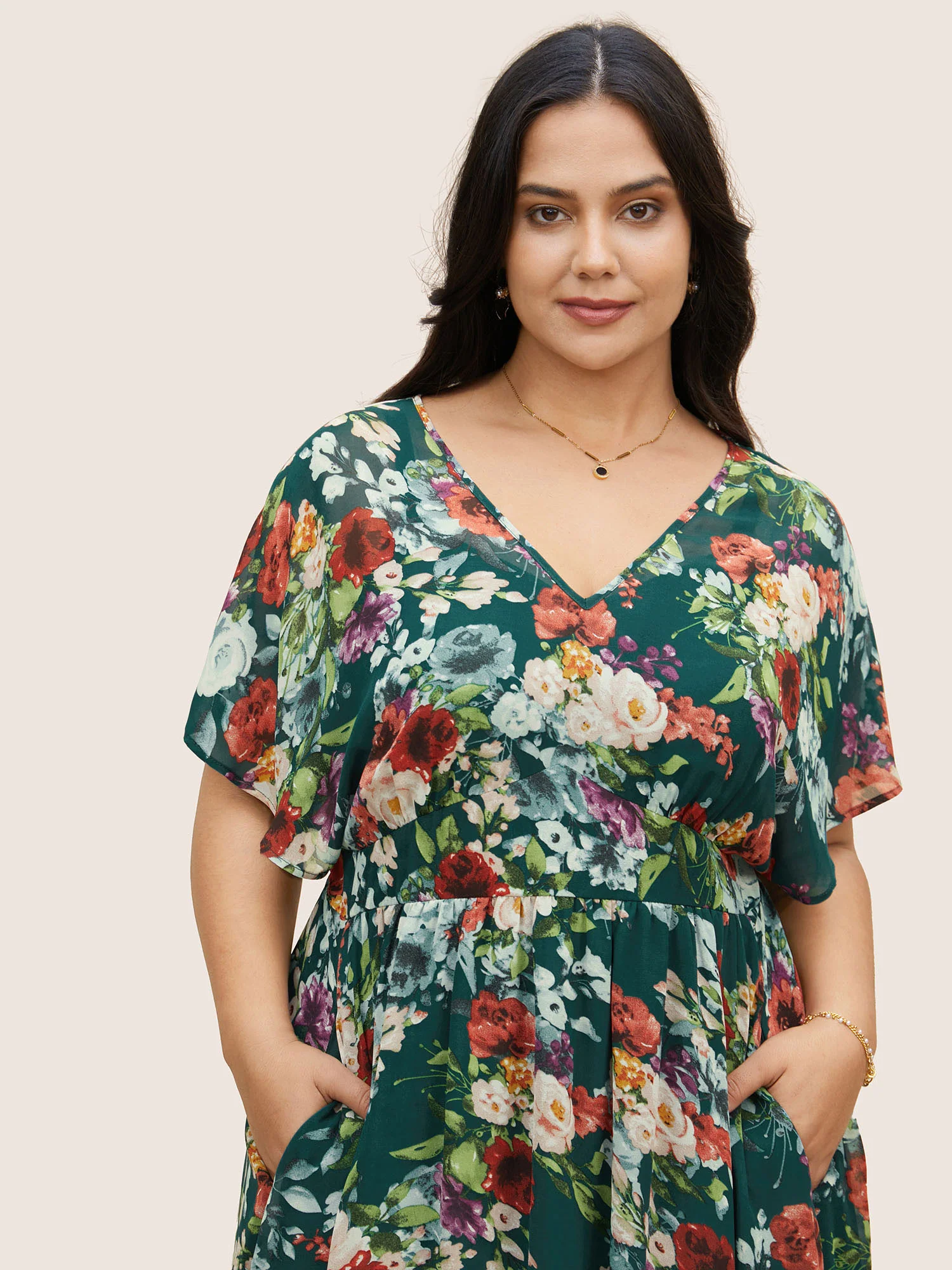 V Neck Chiffon Floral Dolman Sleeve Dress - Image 4