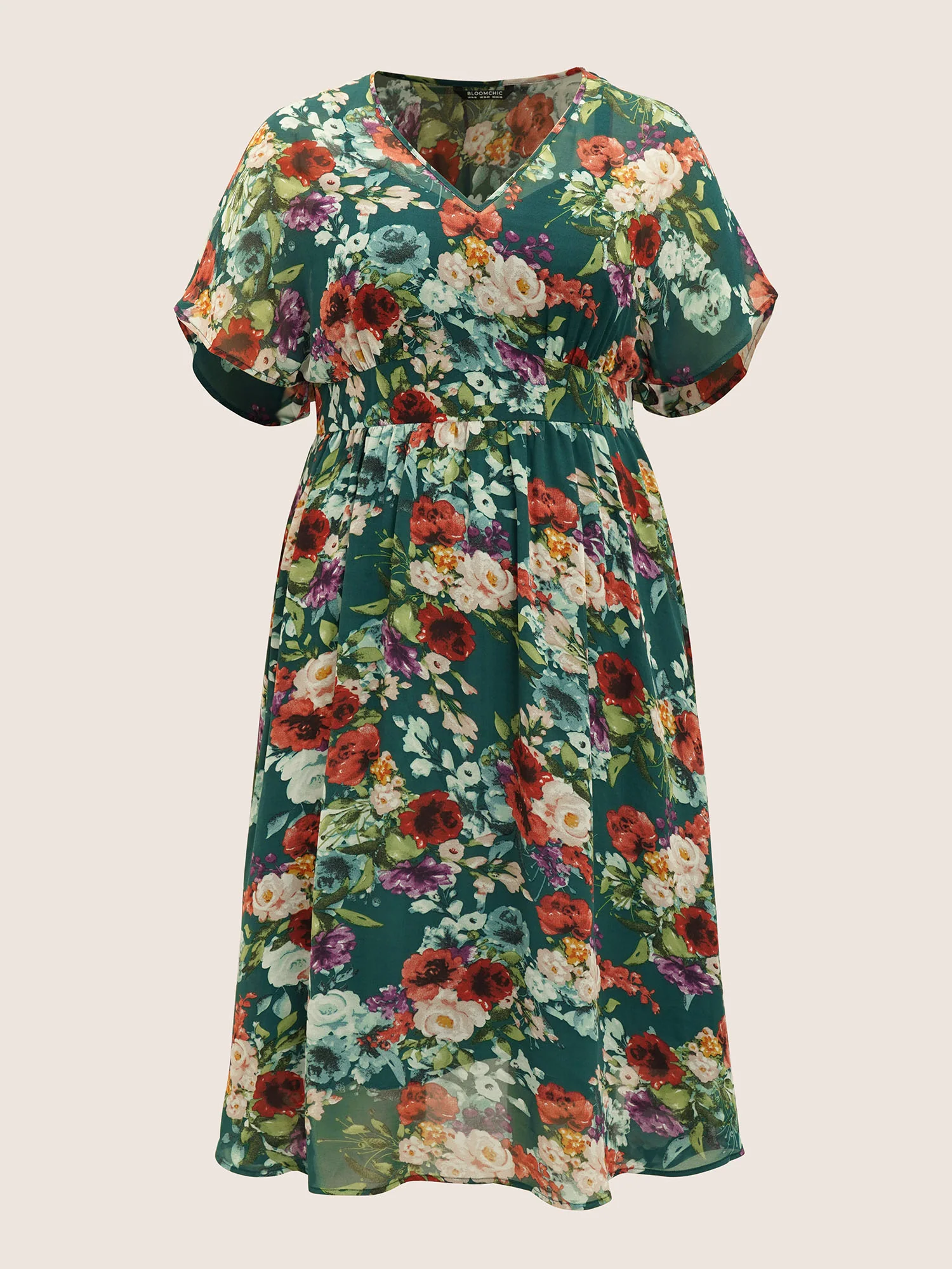 V Neck Chiffon Floral Dolman Sleeve Dress - Image 7