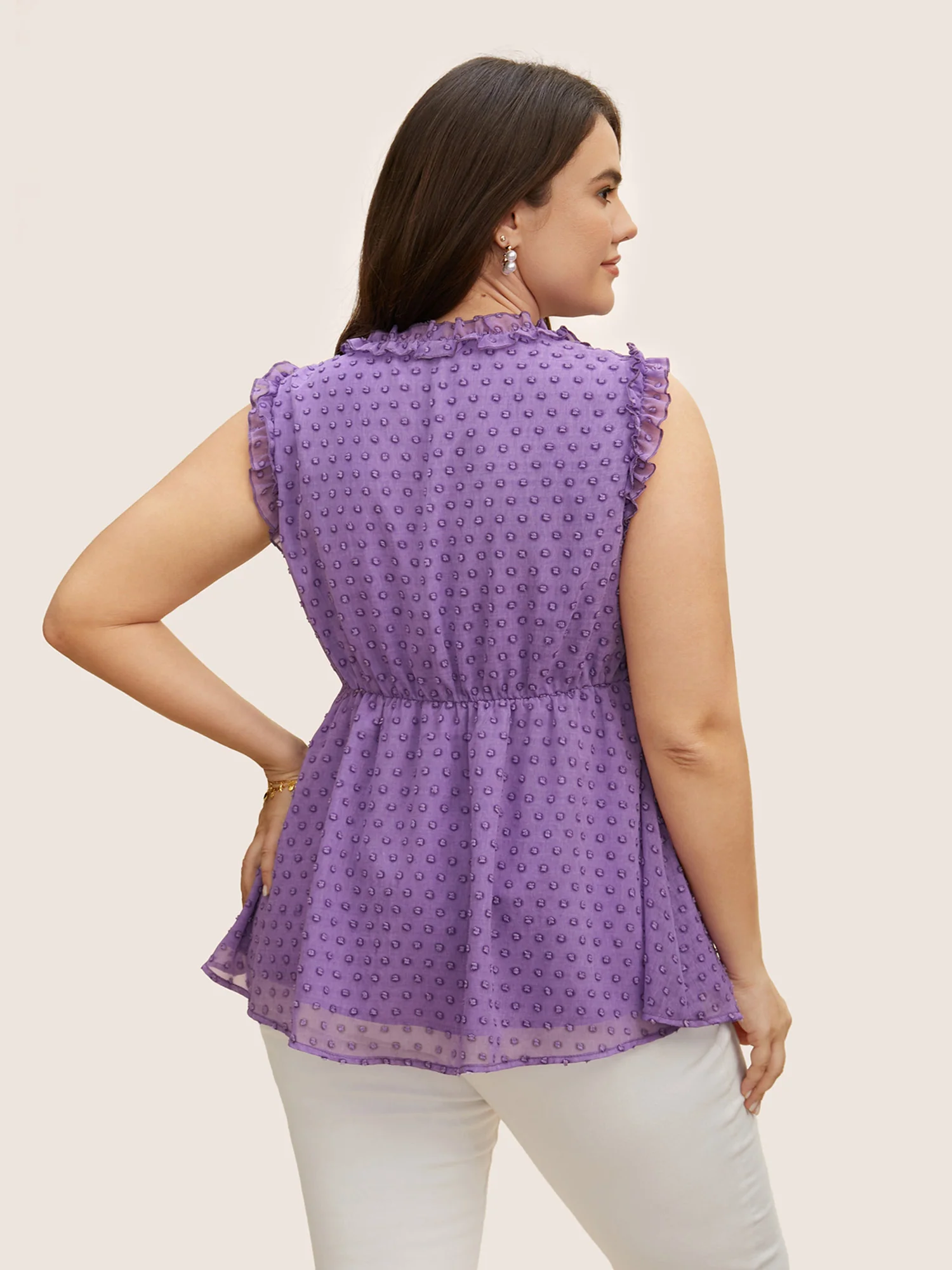 V Neck Chiffon Textured Frill Trim Tank Top - Image 3