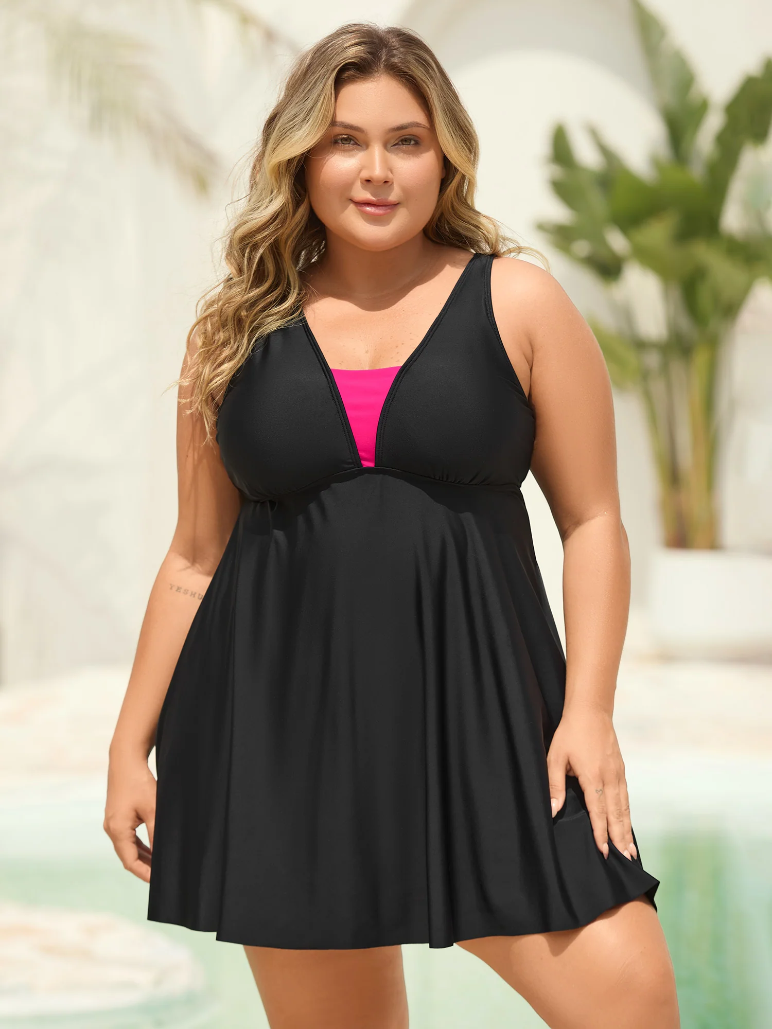 V Neck Color Contrast Swim Dress - Image 3