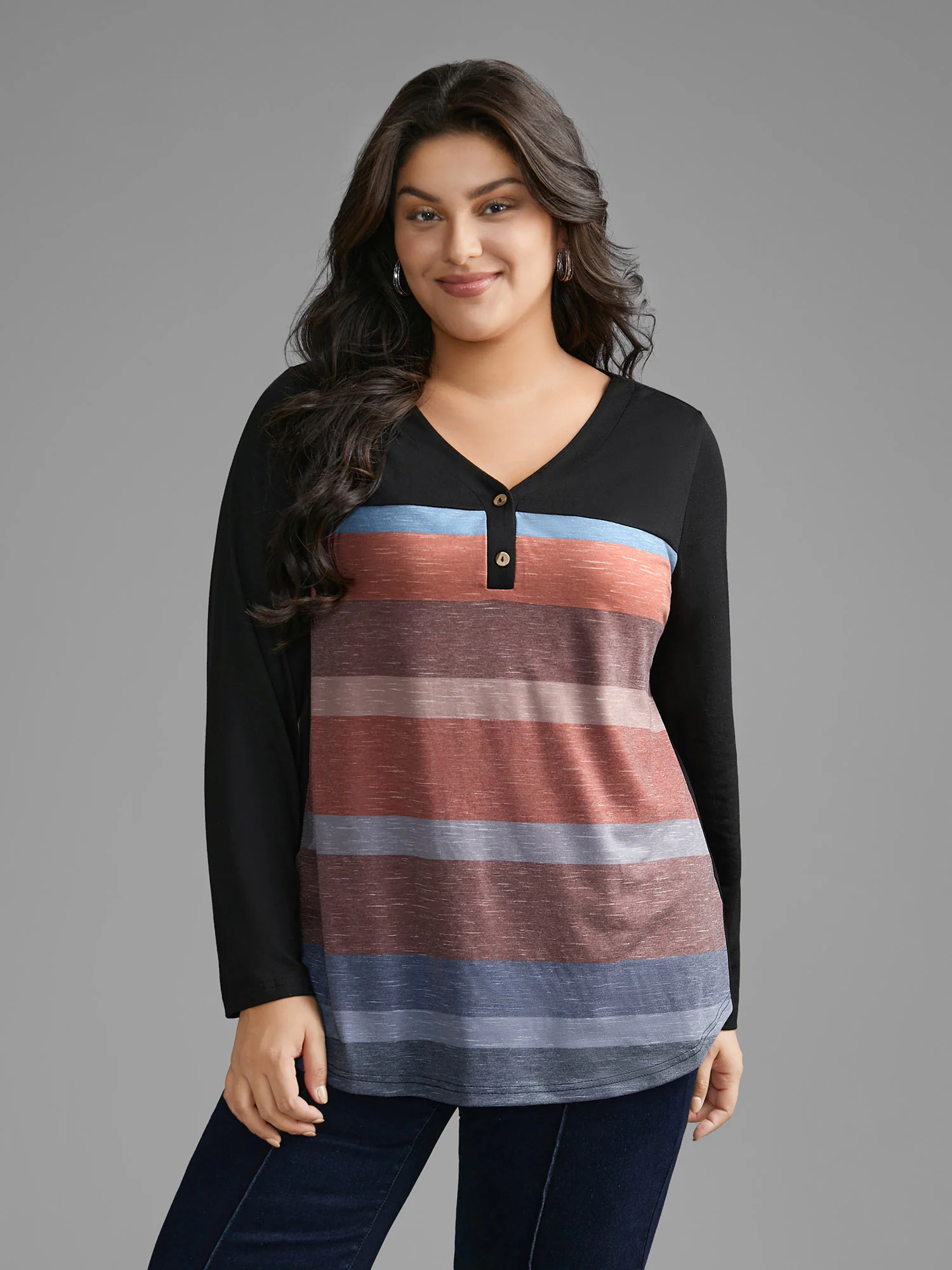 V Neck Colorblock Contrast Button Up T-shirt - Image 2