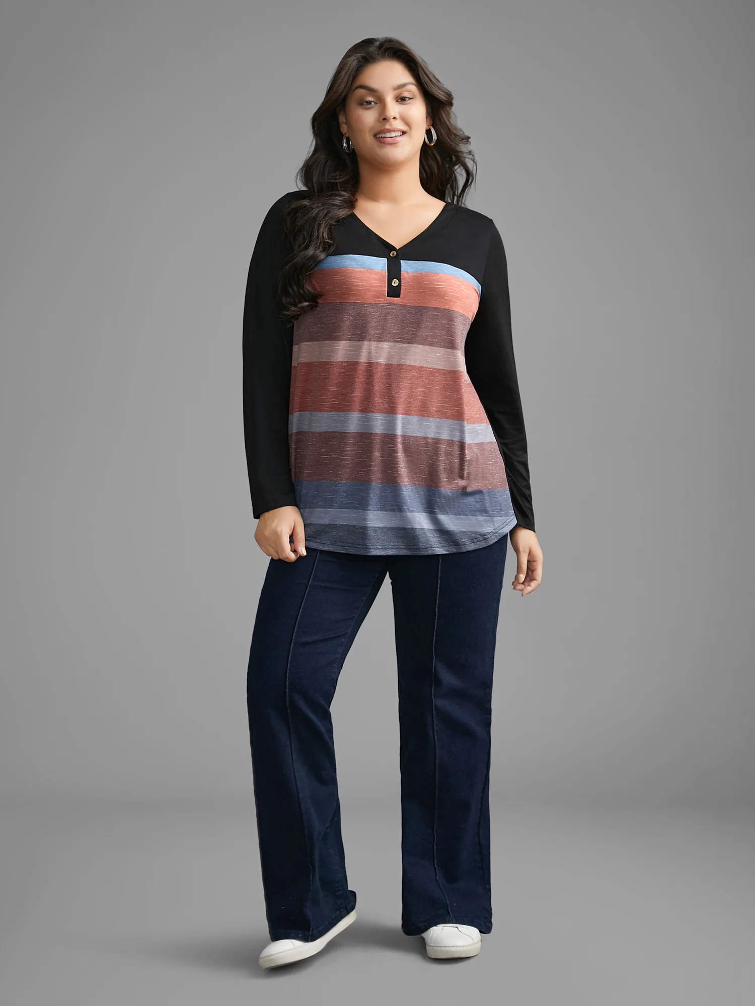 V Neck Colorblock Contrast Button Up T-shirt - Image 5