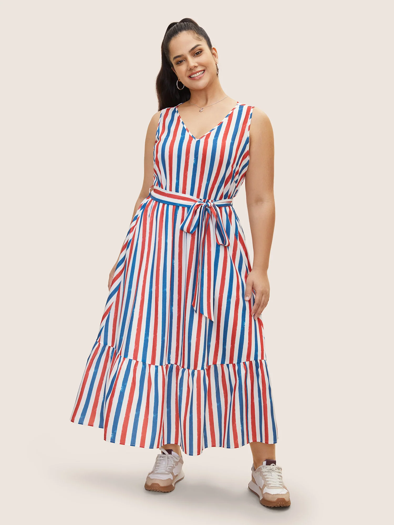 V Neck Contrast Striped Tank Dress - Image 2