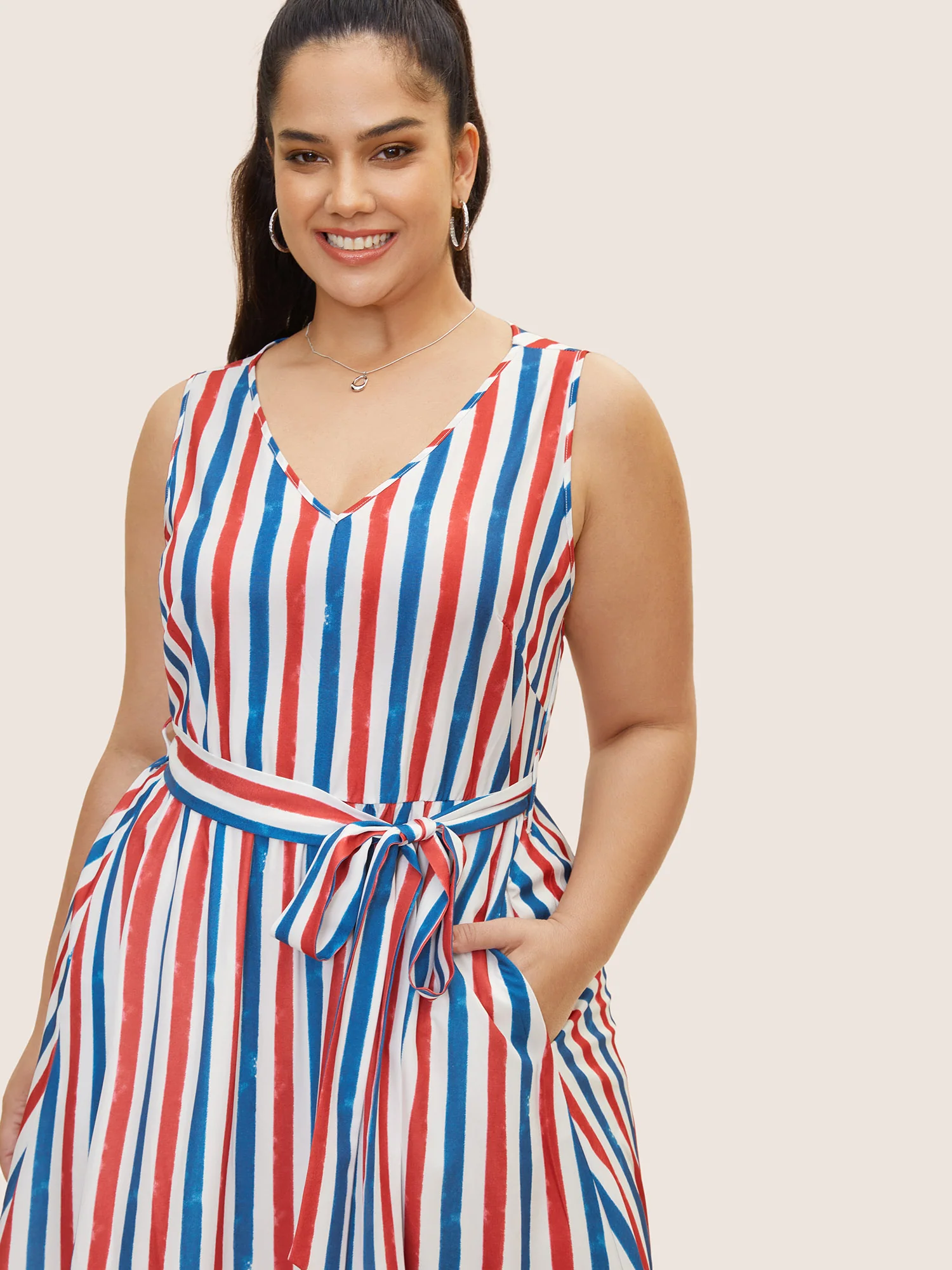 V Neck Contrast Striped Tank Dress - Image 4