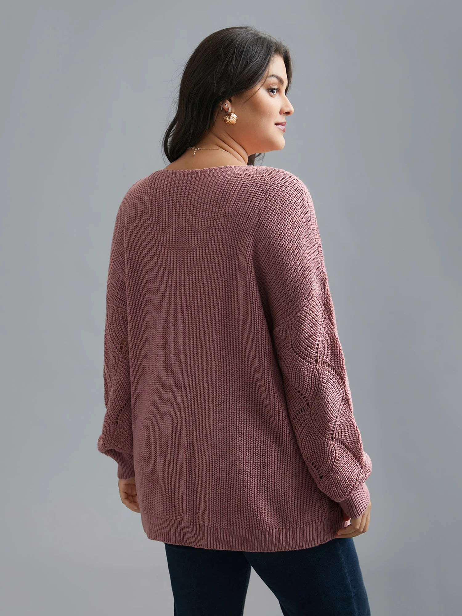 V Neck Cut-Out Pattern Textured Pullover - Image 2