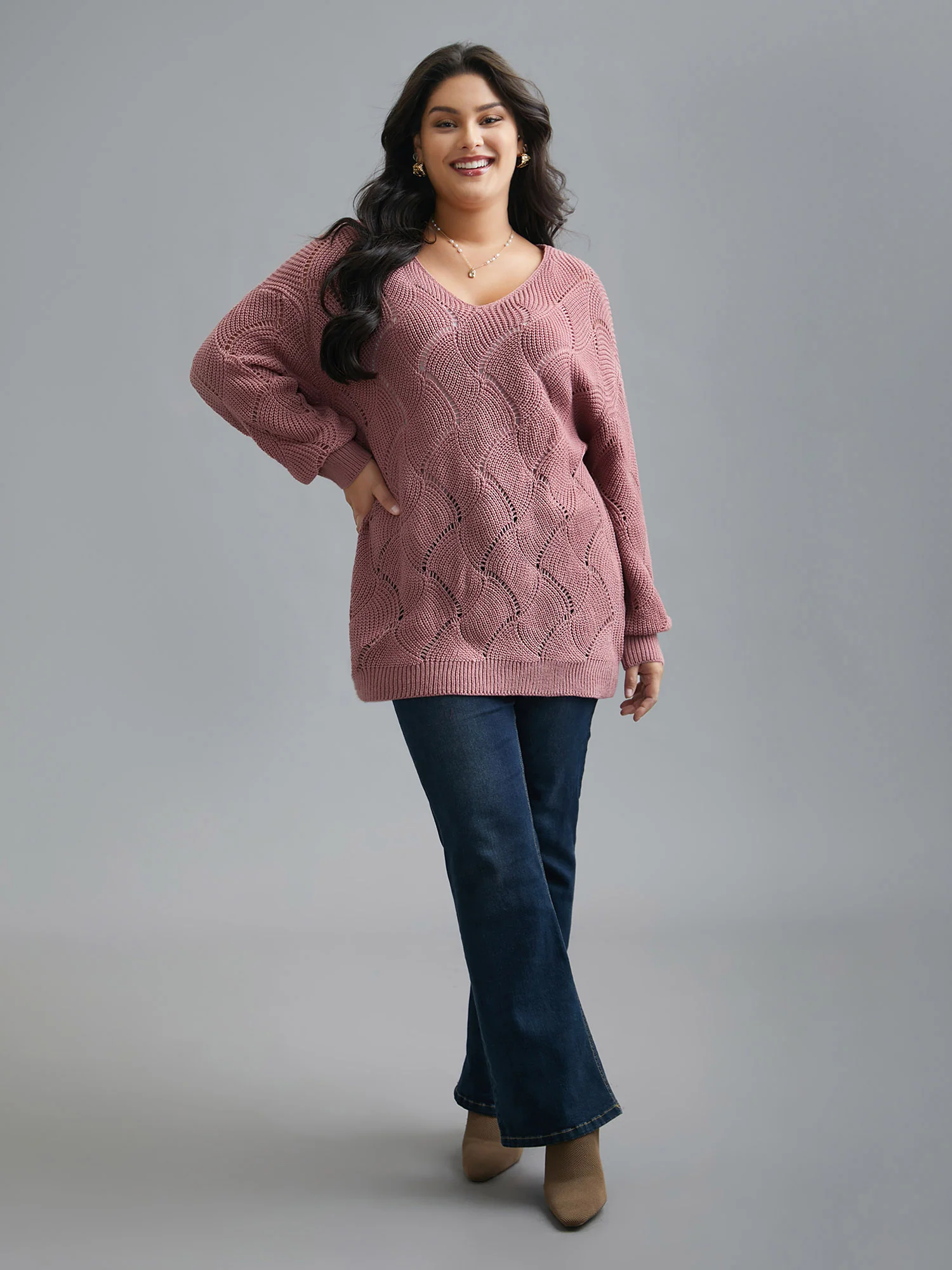 V Neck Cut-Out Pattern Textured Pullover - Image 4