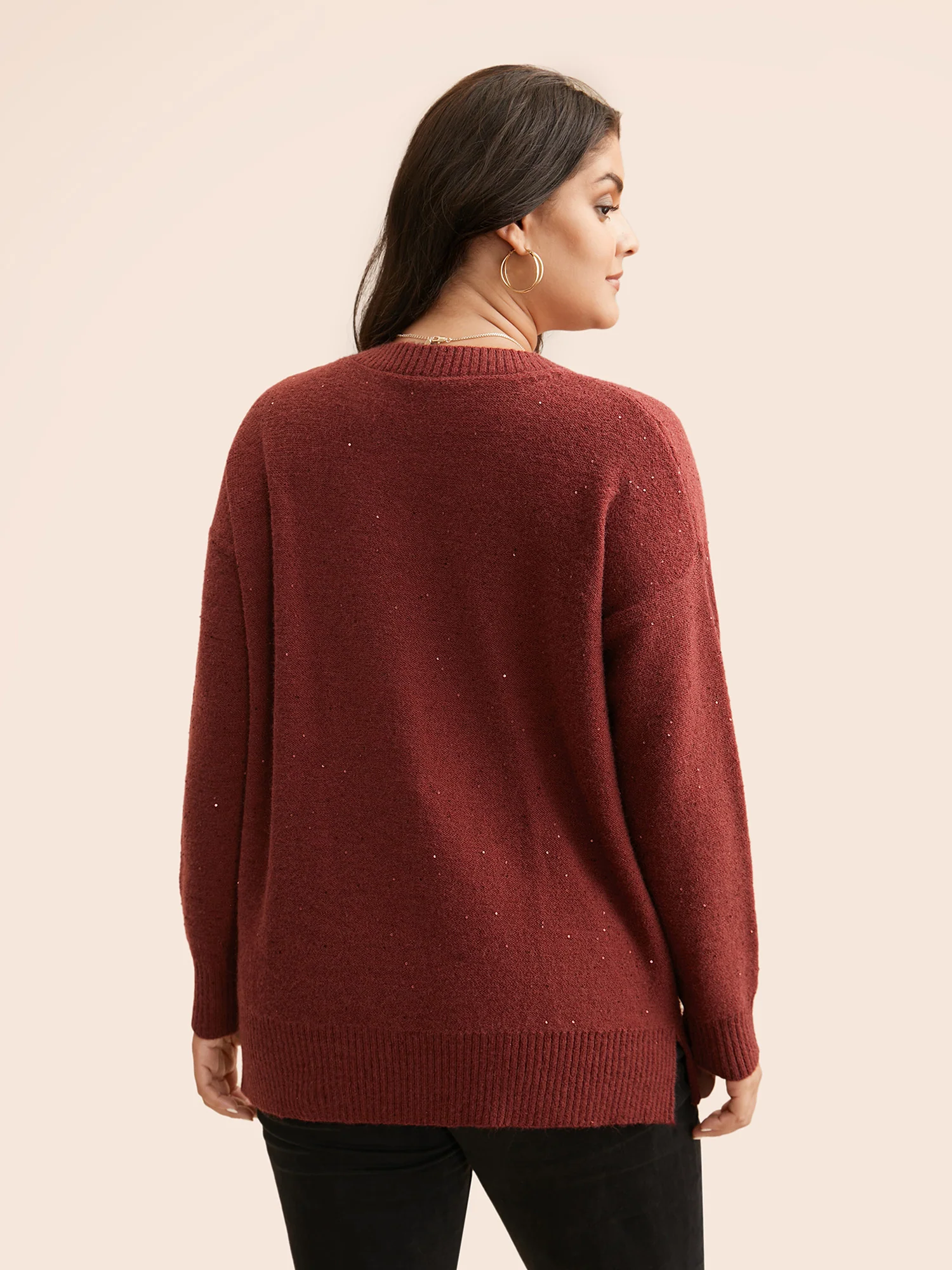 V Neck Glitter Dropped Shoulder Split Hem Pullover - Image 2