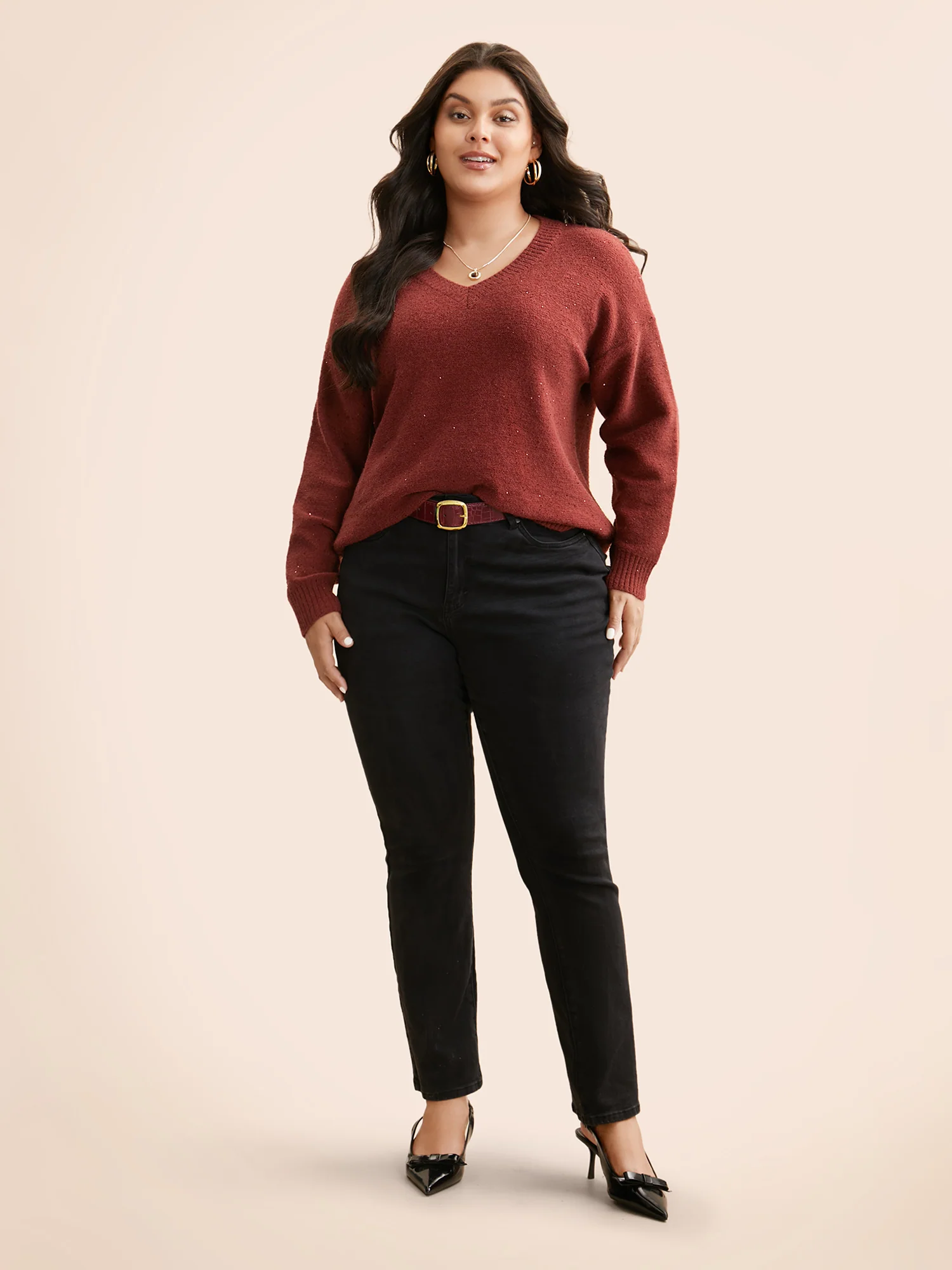 V Neck Glitter Dropped Shoulder Split Hem Pullover - Image 3