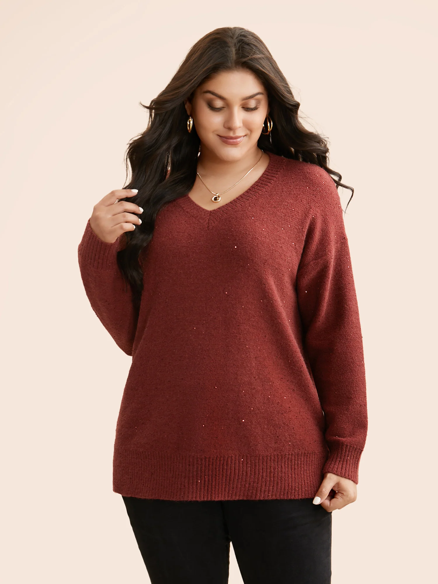 V Neck Glitter Dropped Shoulder Split Hem Pullover - Image 4