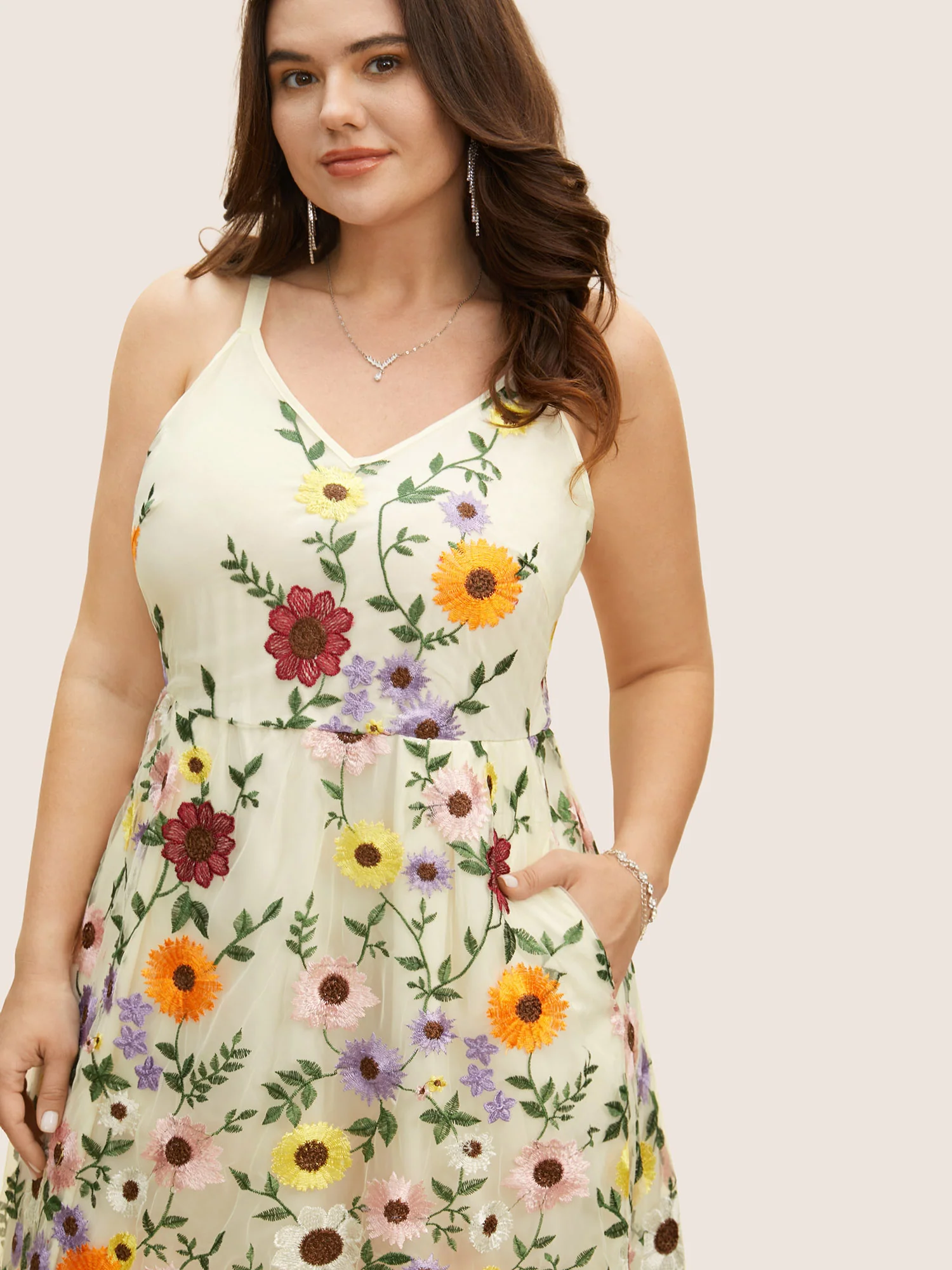 V Neck Floral Embroidered Mesh Cami Dress - Image 2