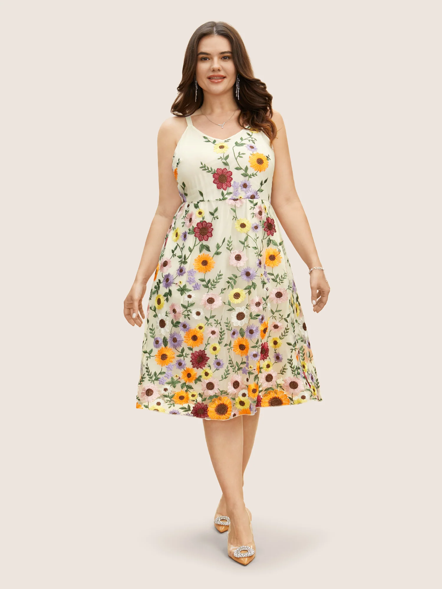 V Neck Floral Embroidered Mesh Cami Dress - Image 3