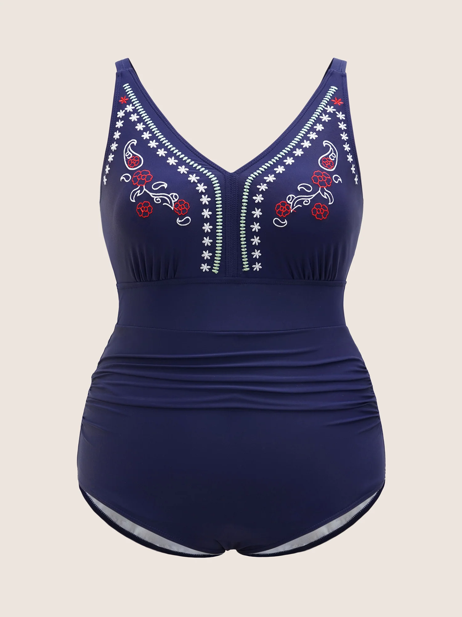 V Neck Floral Embroidered Ruched One Piece Swimsuit - Image 7