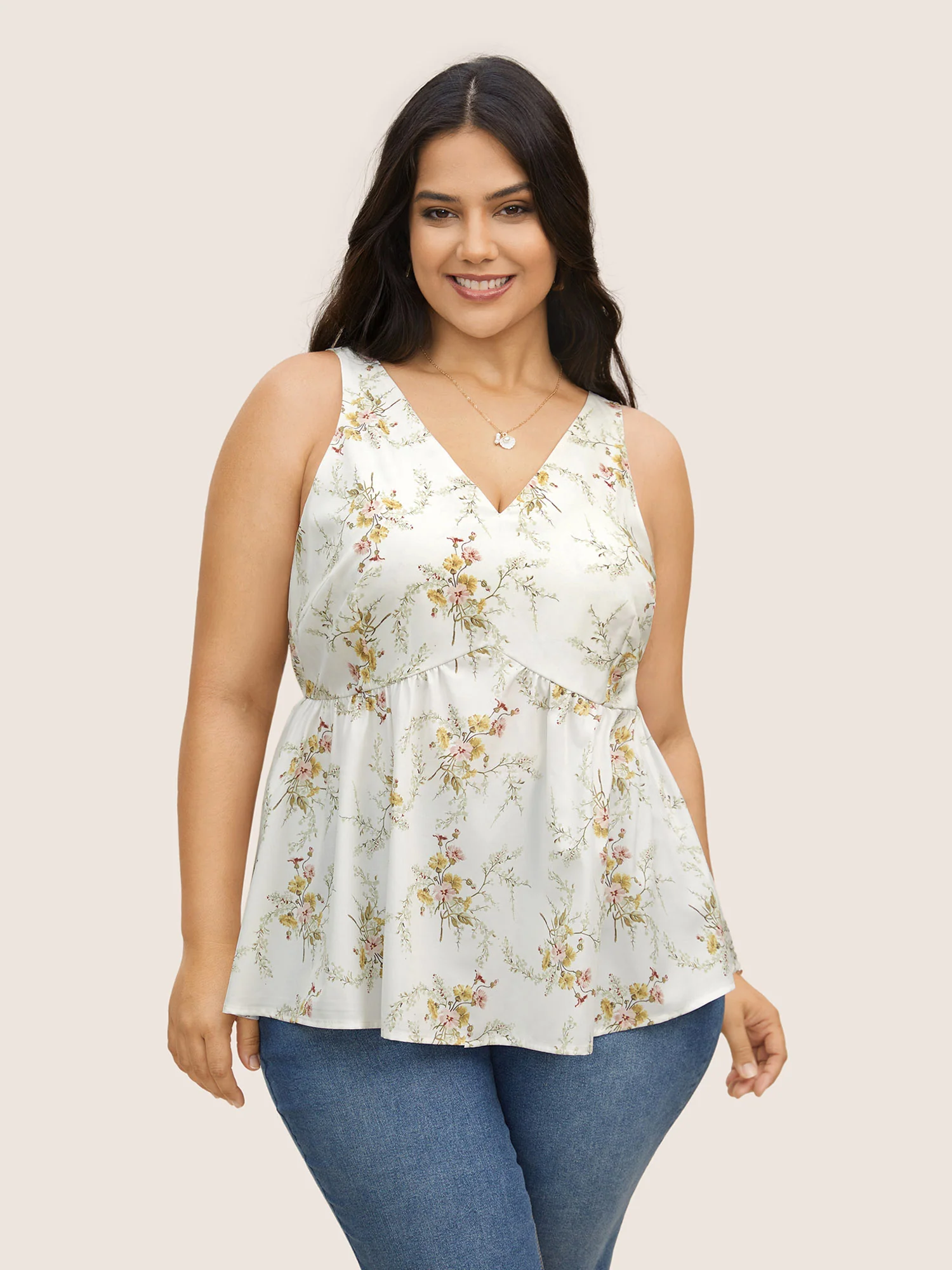V Neck Floral Print Adjustable Straps Cami Top