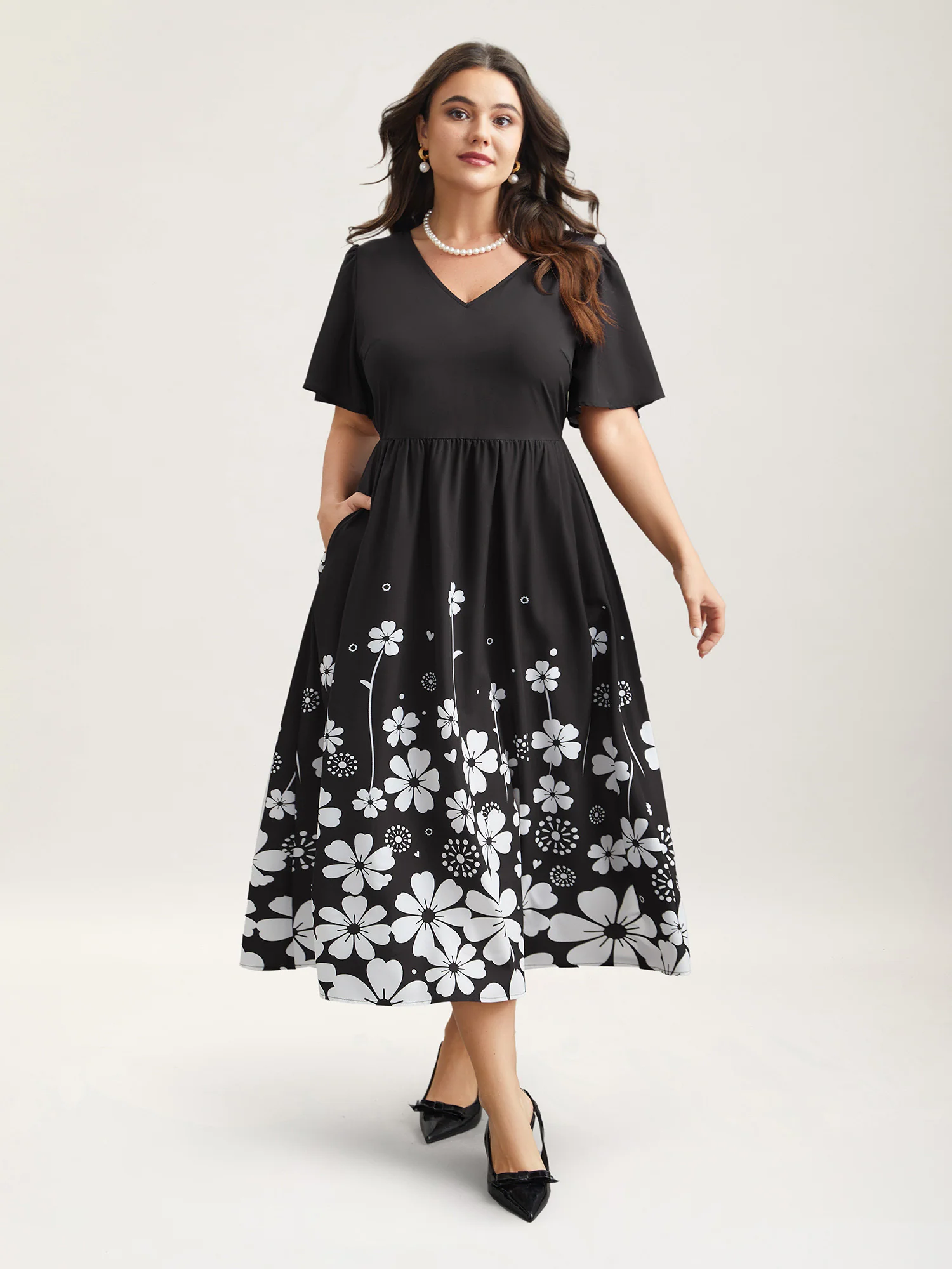 V-Neck Floral Print Flared Sleeve Dress - Image 5
