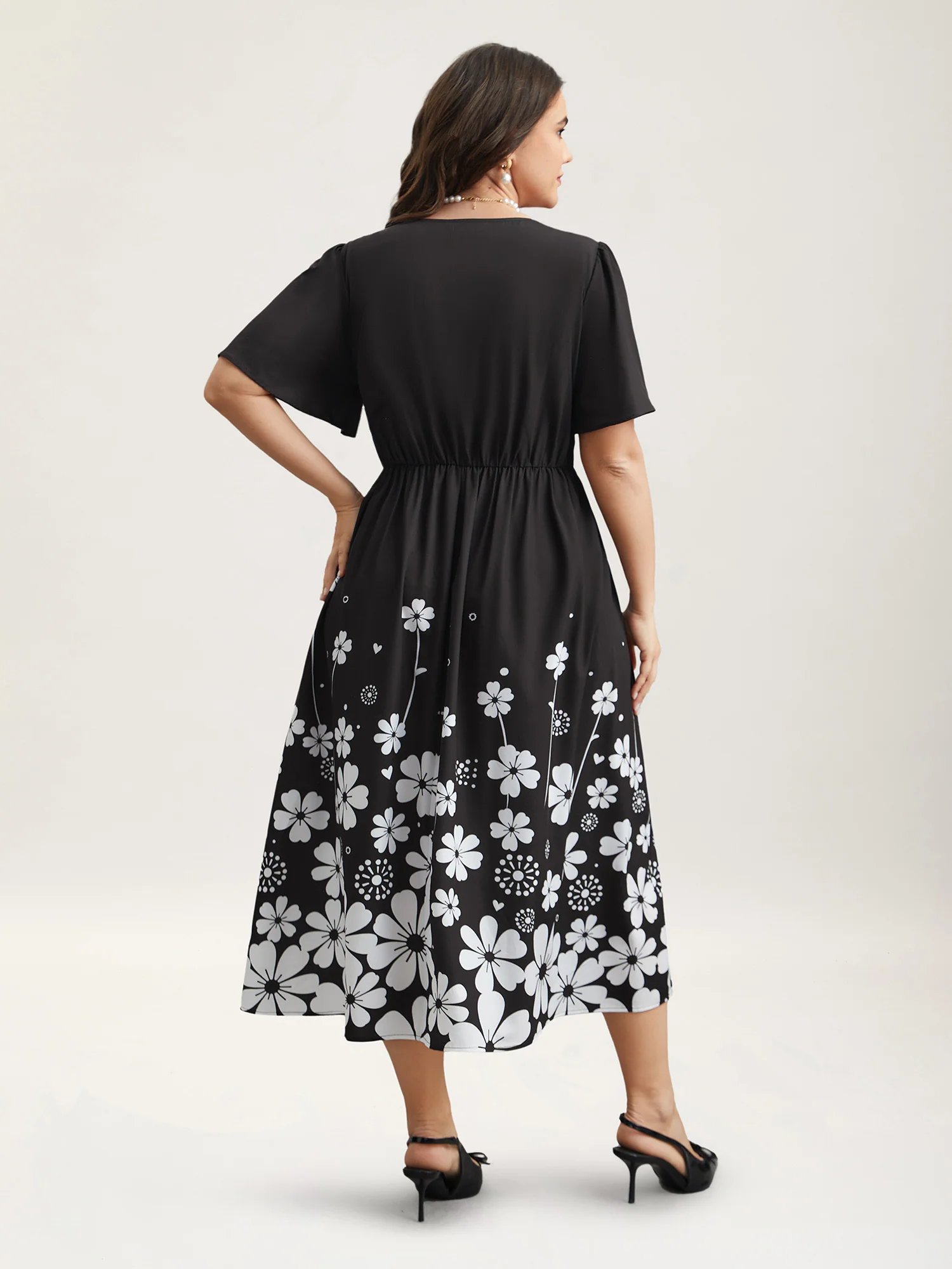 V-Neck Floral Print Flared Sleeve Dress - Image 7