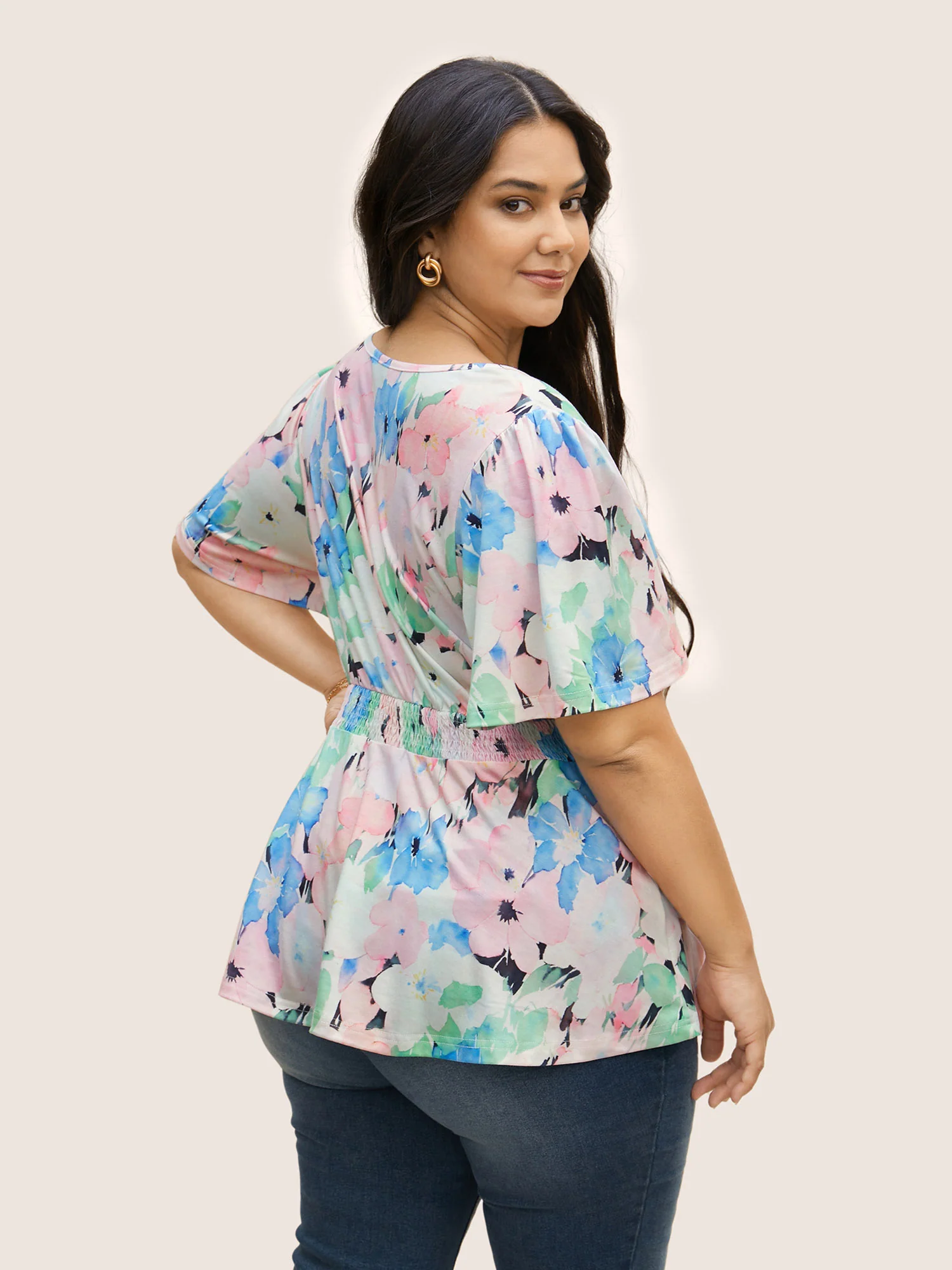 V Neck Floral Shirred Flutter Sleeve T-shirt - Image 2