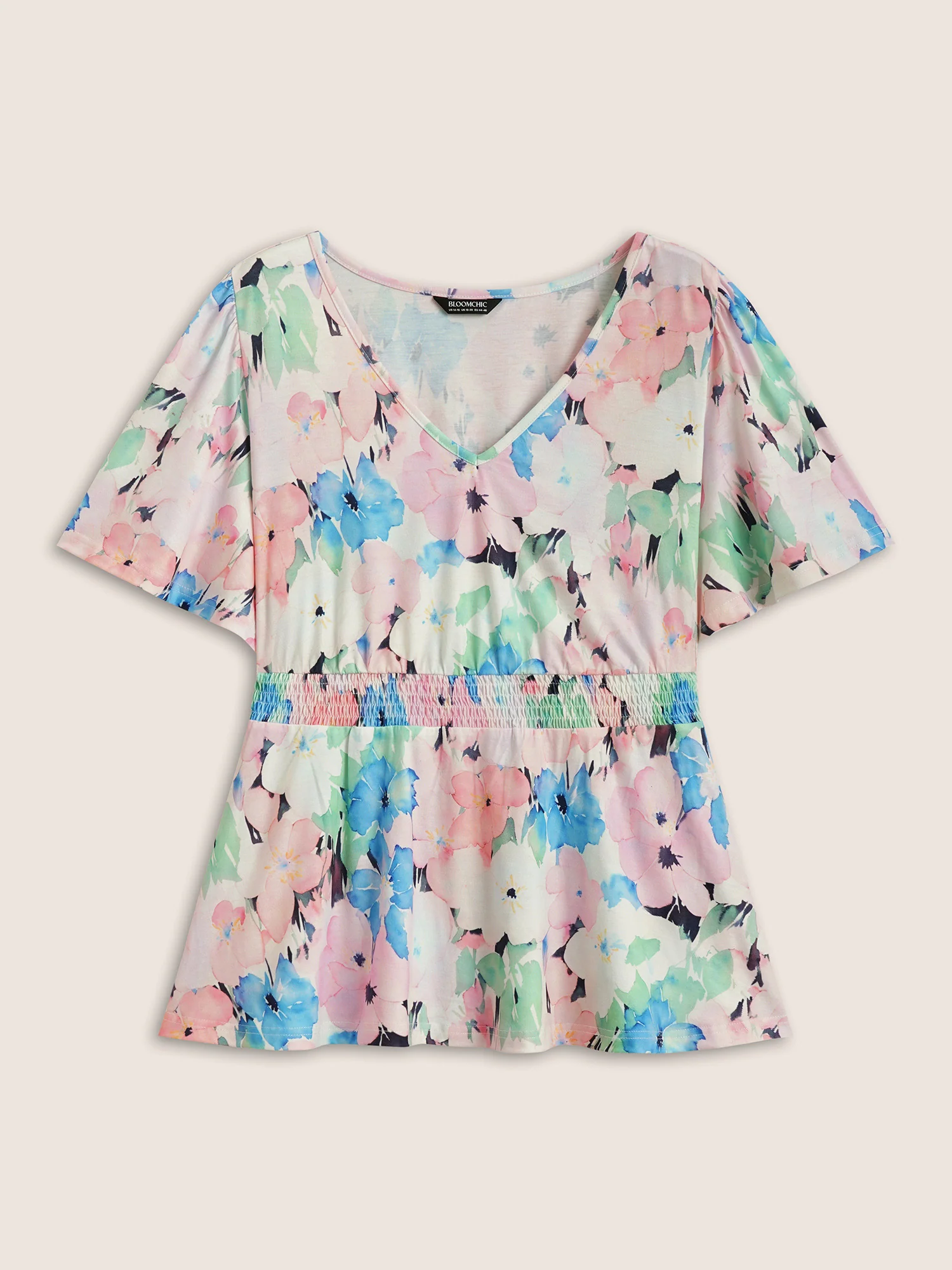 V Neck Floral Shirred Flutter Sleeve T-shirt - Image 7