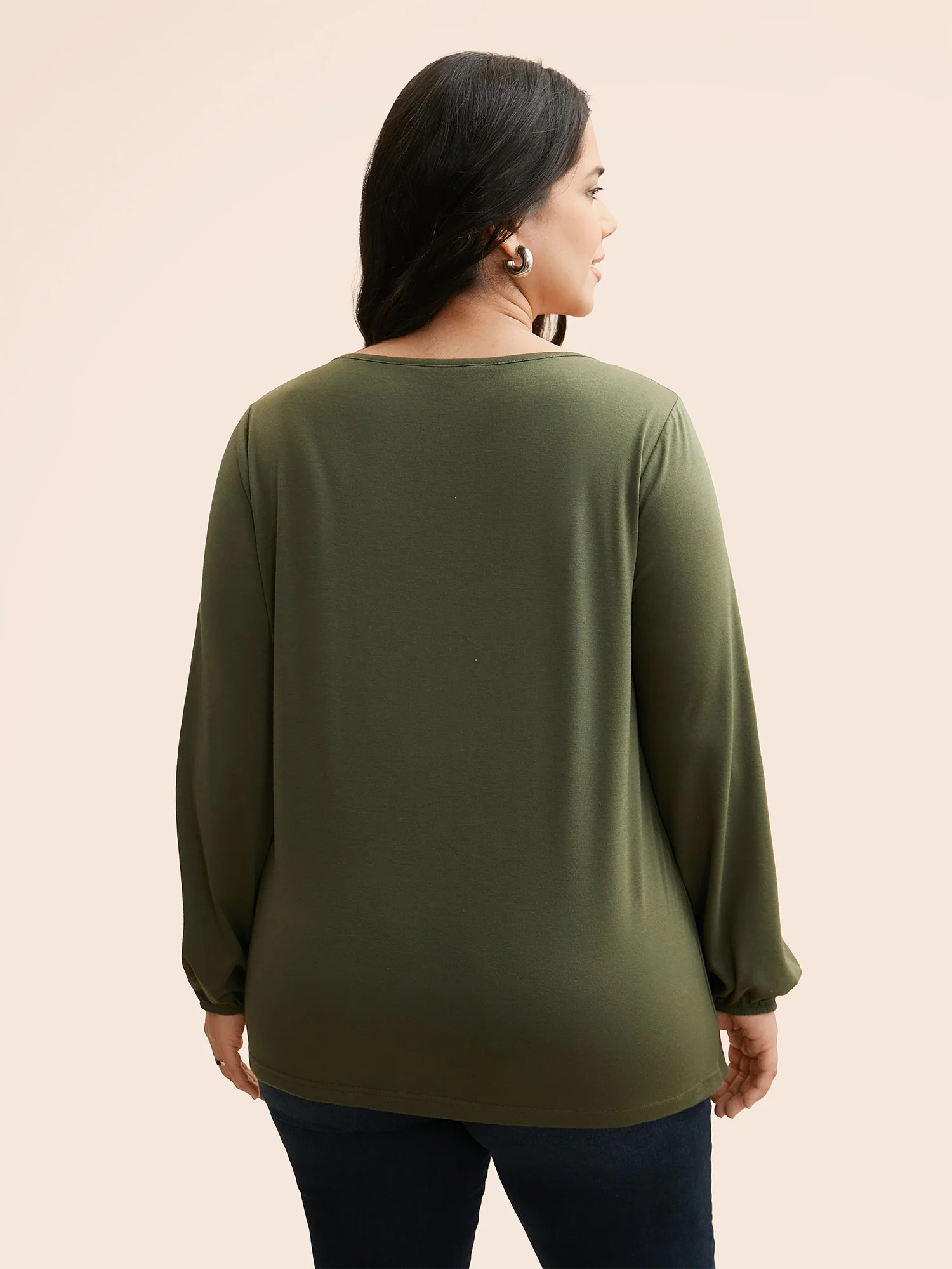 V Neck Gathered Lantern Sleeve Jersey Top - Image 2
