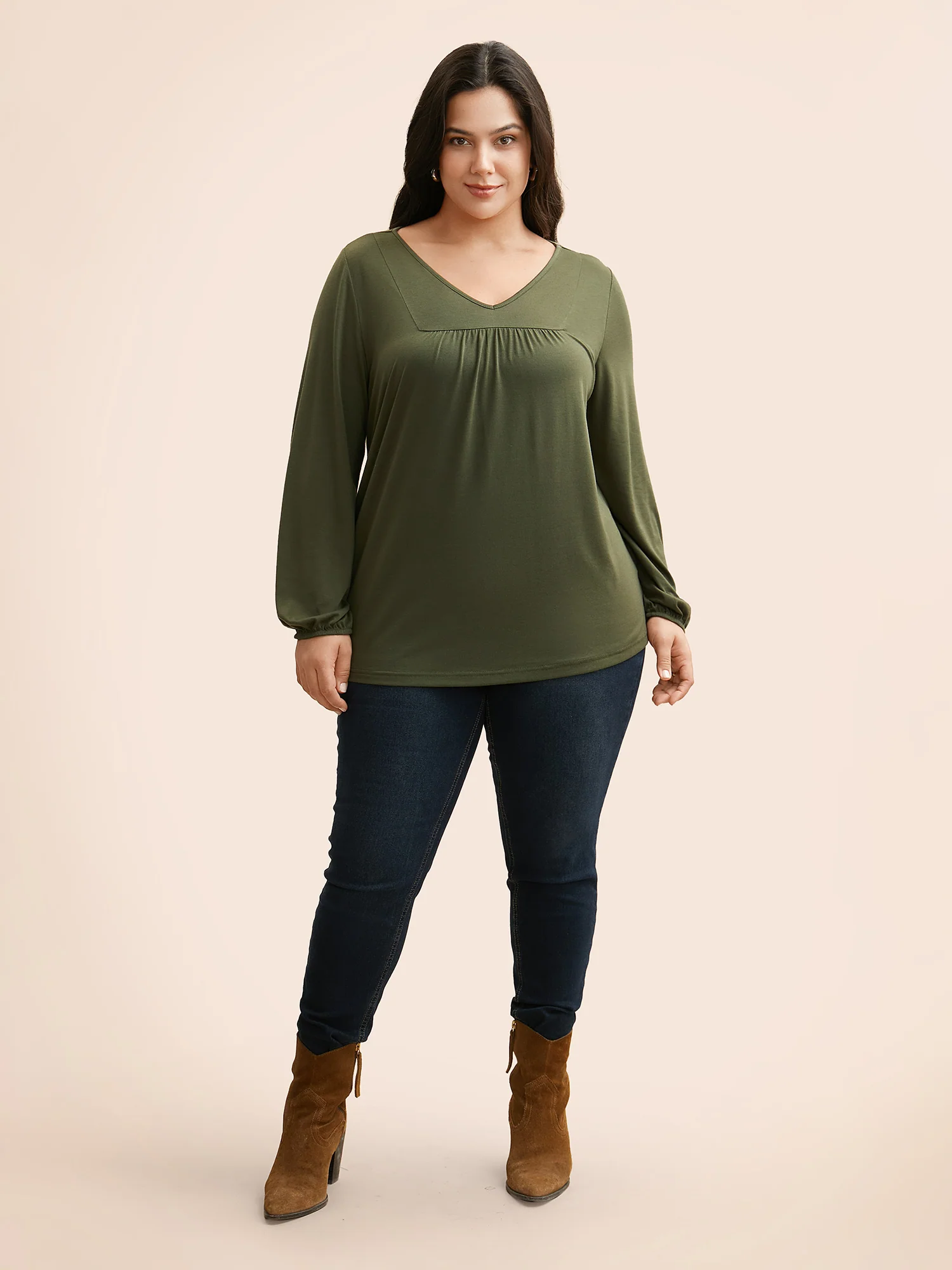 V Neck Gathered Lantern Sleeve Jersey Top - Image 3