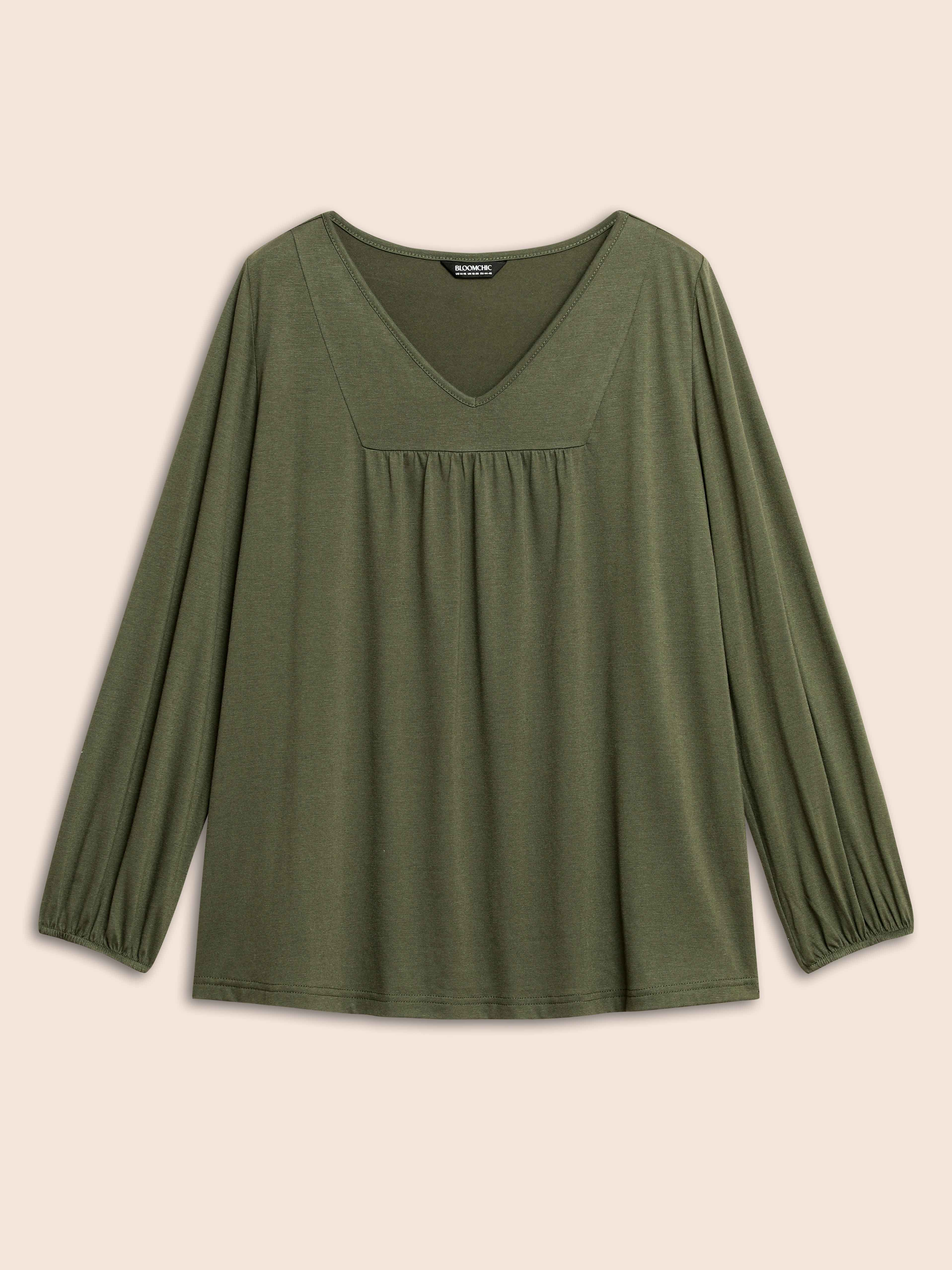 V Neck Gathered Lantern Sleeve Jersey Top - Image 7
