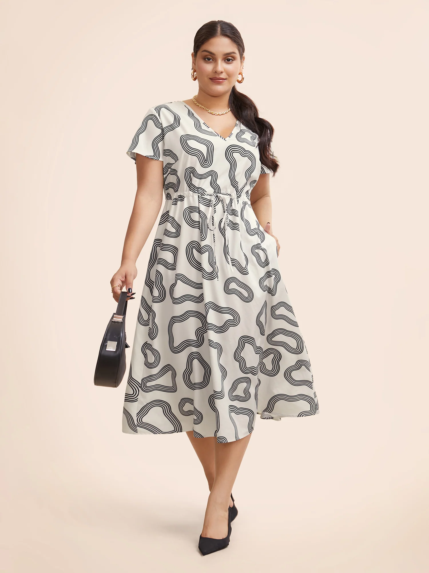 V Neck Geometric Drawstring Midi Dress - Image 2