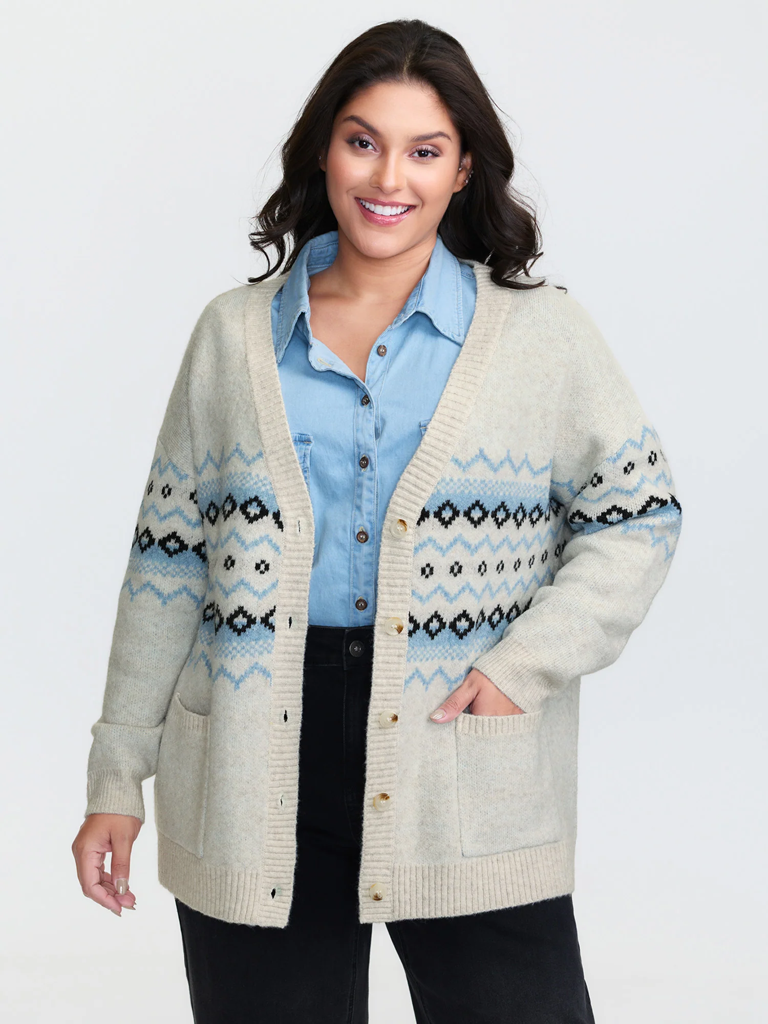 V-Neck Geometric Pattern Button Front Cardigan - Image 2