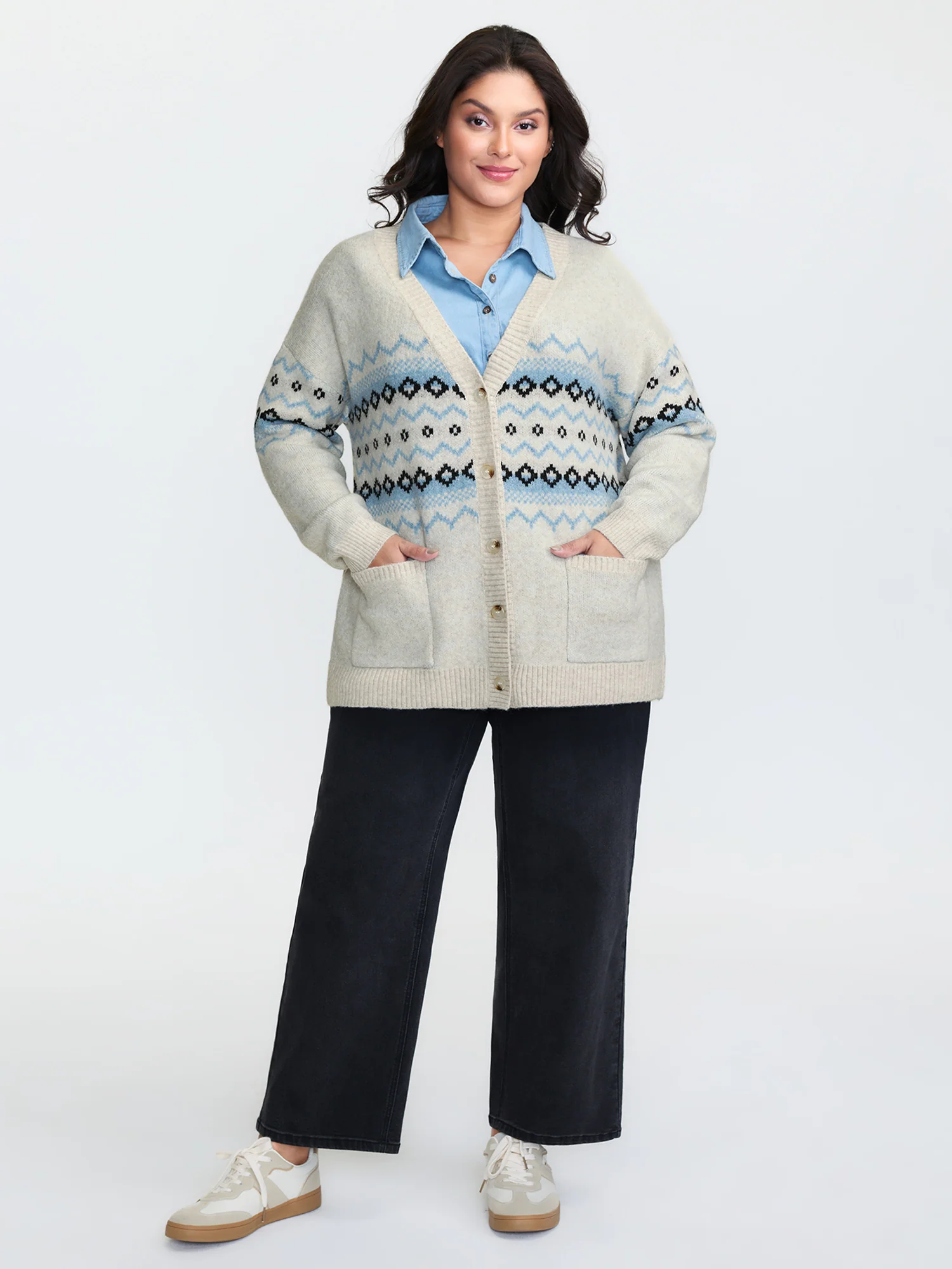 V-Neck Geometric Pattern Button Front Cardigan - Image 4