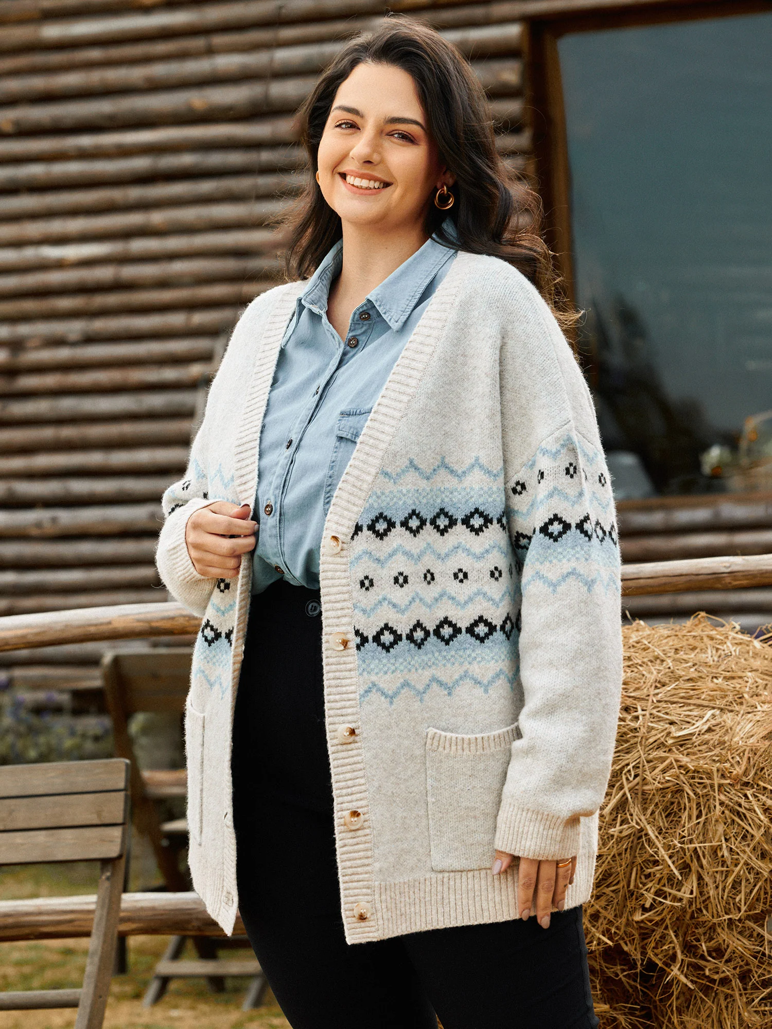 V-Neck Geometric Pattern Button Front Cardigan - Image 6