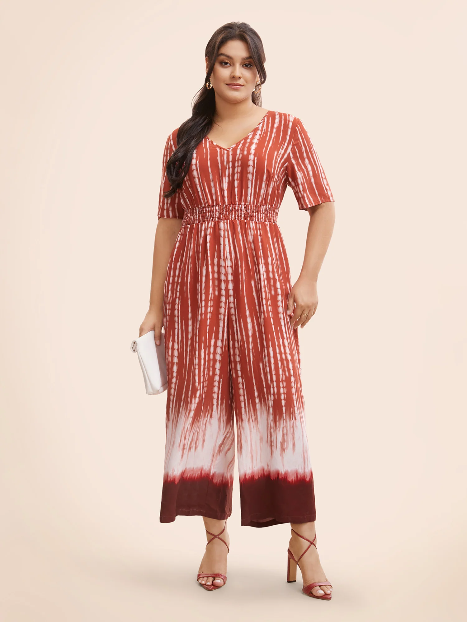 V Neck Gradient Dyeing Shirred Jumpsuit - Image 2