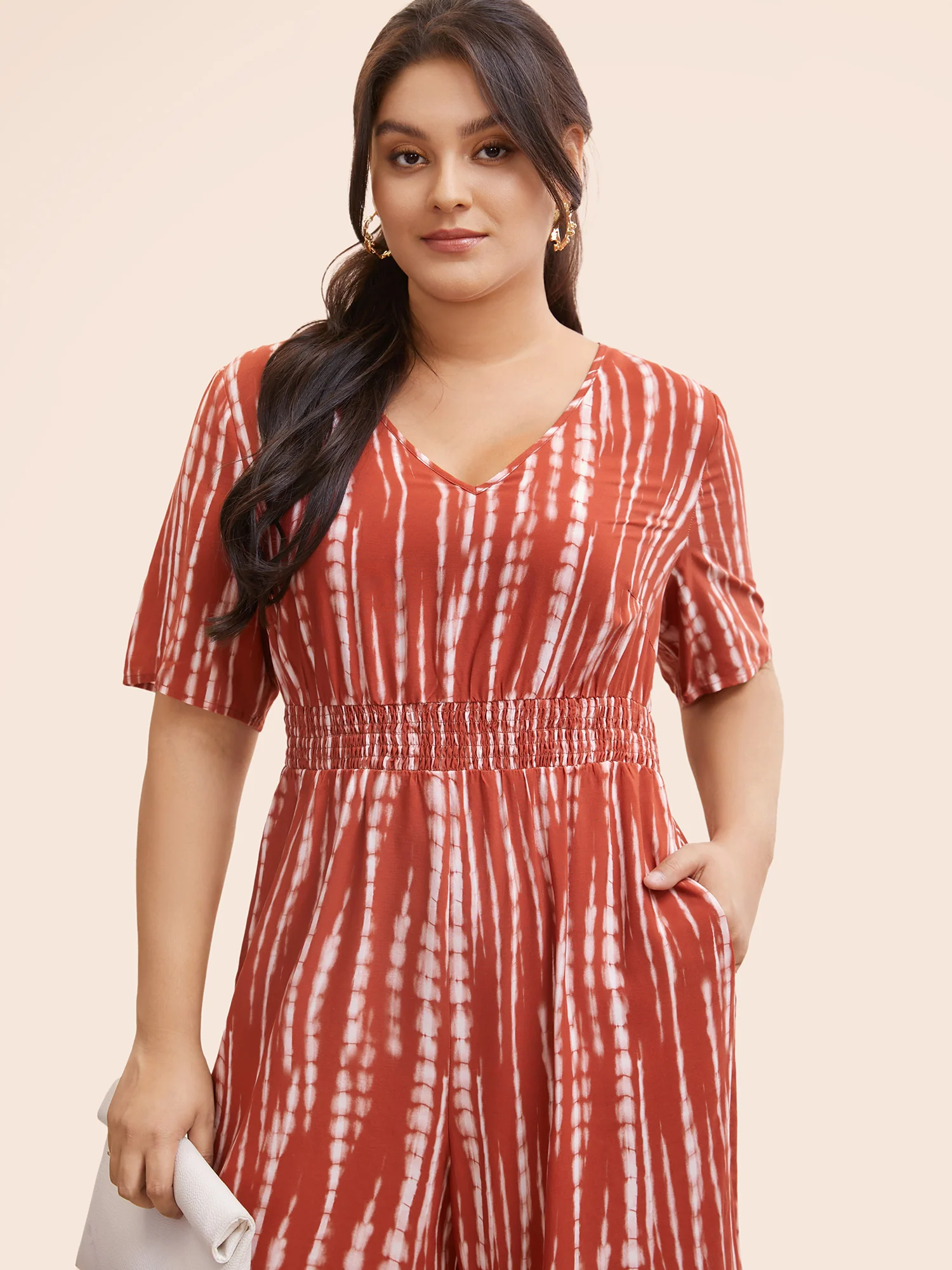 V Neck Gradient Dyeing Shirred Jumpsuit - Image 3