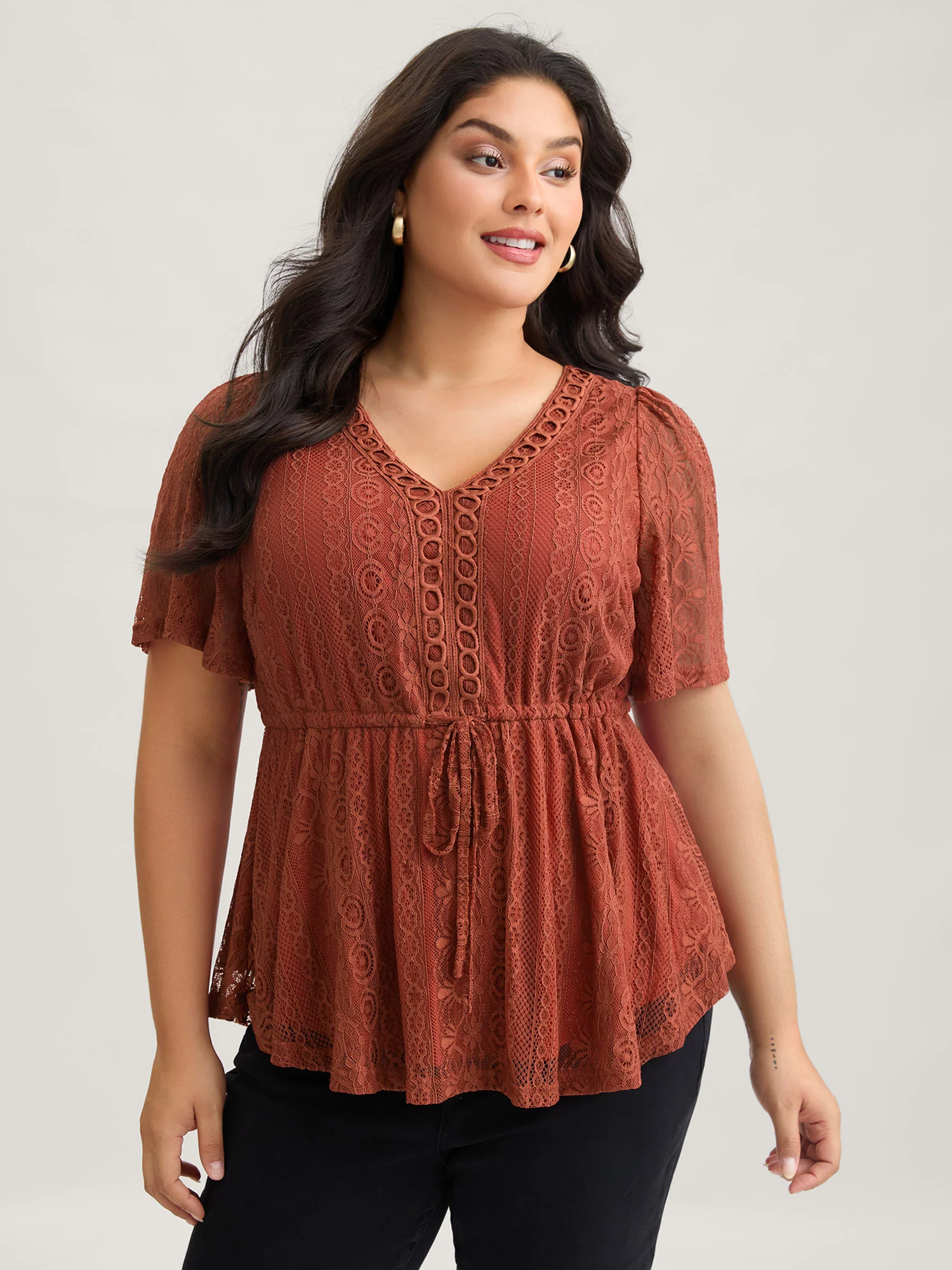 V Neck Lace Panel Drawstring Blouse - Image 2