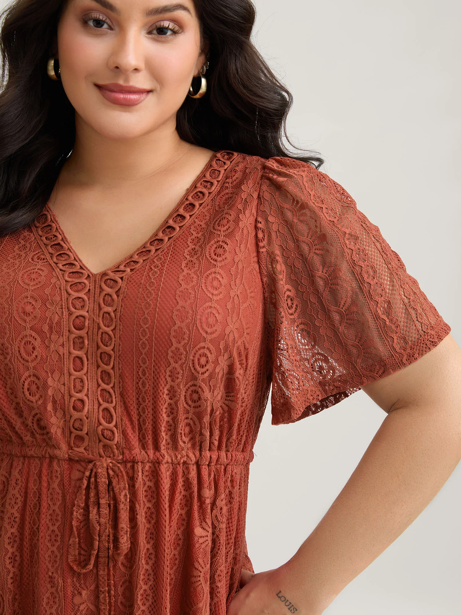 V Neck Lace Panel Drawstring Blouse - Image 3