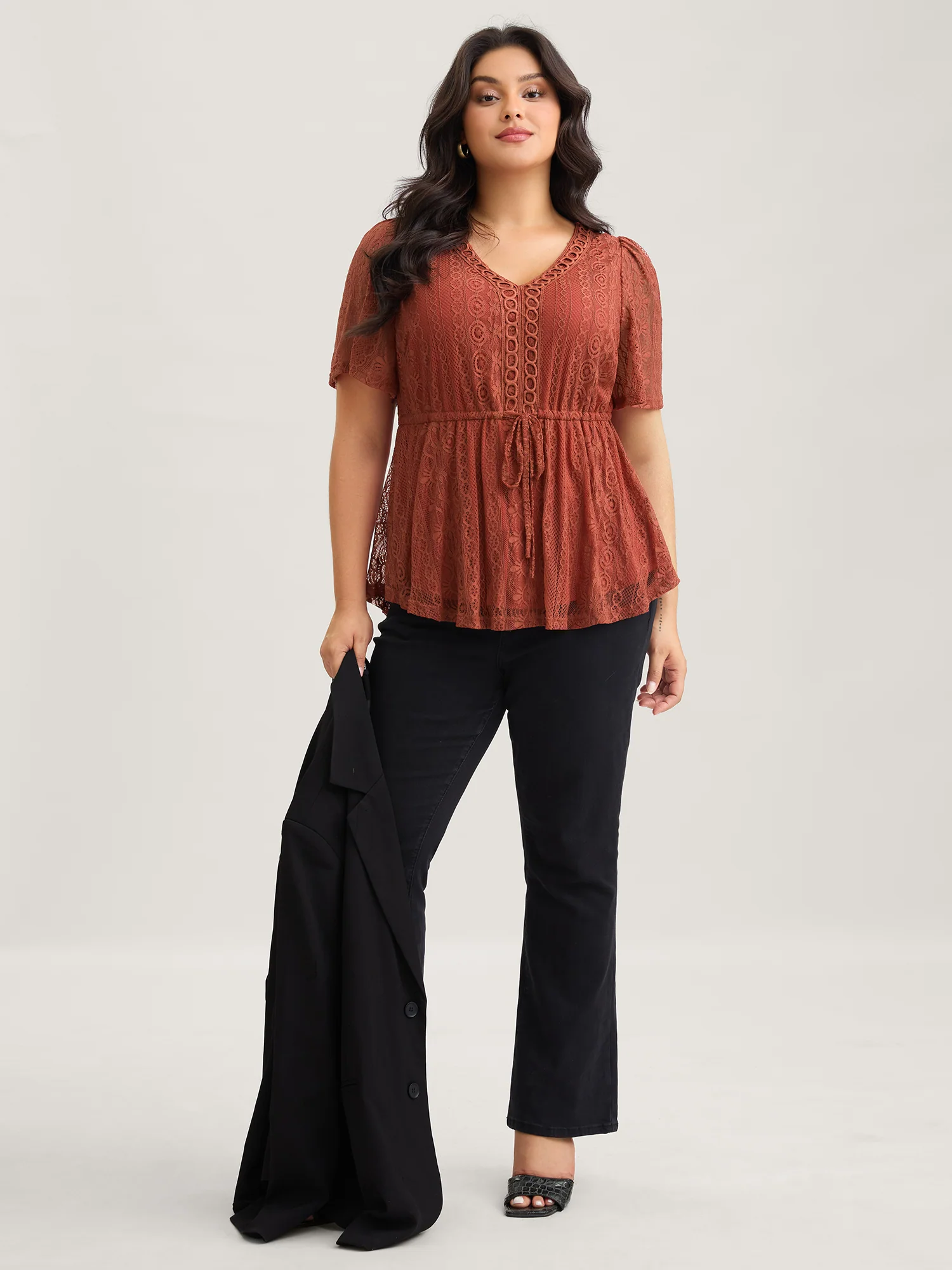 V Neck Lace Panel Drawstring Blouse - Image 4
