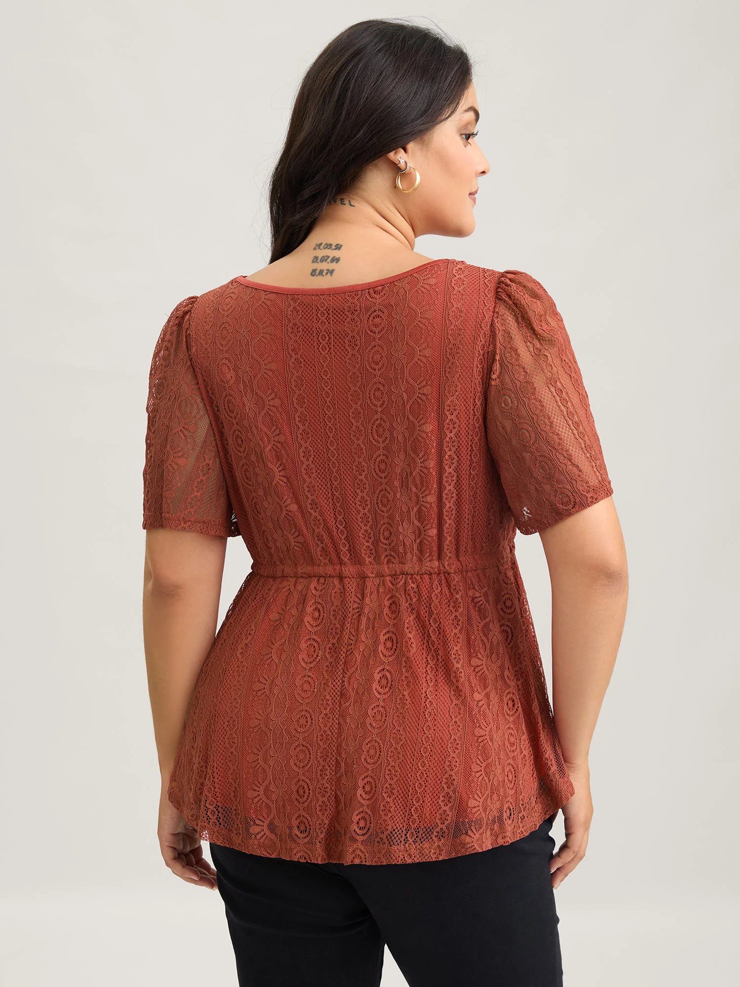 V Neck Lace Panel Drawstring Blouse - Image 5
