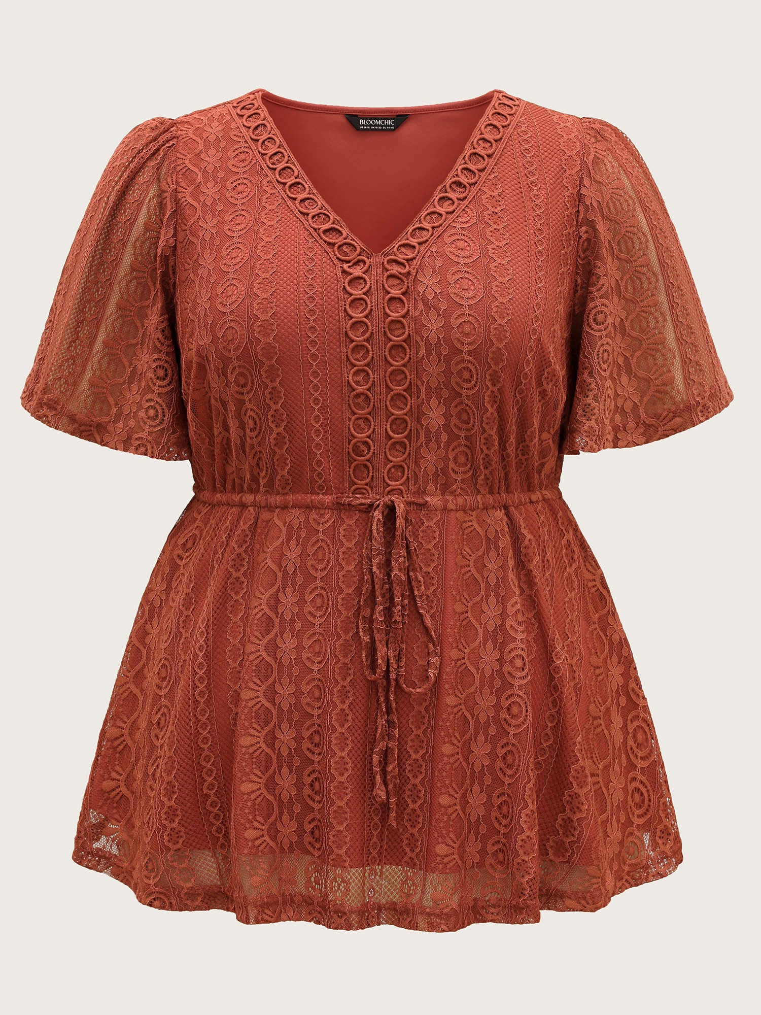 V Neck Lace Panel Drawstring Blouse - Image 8