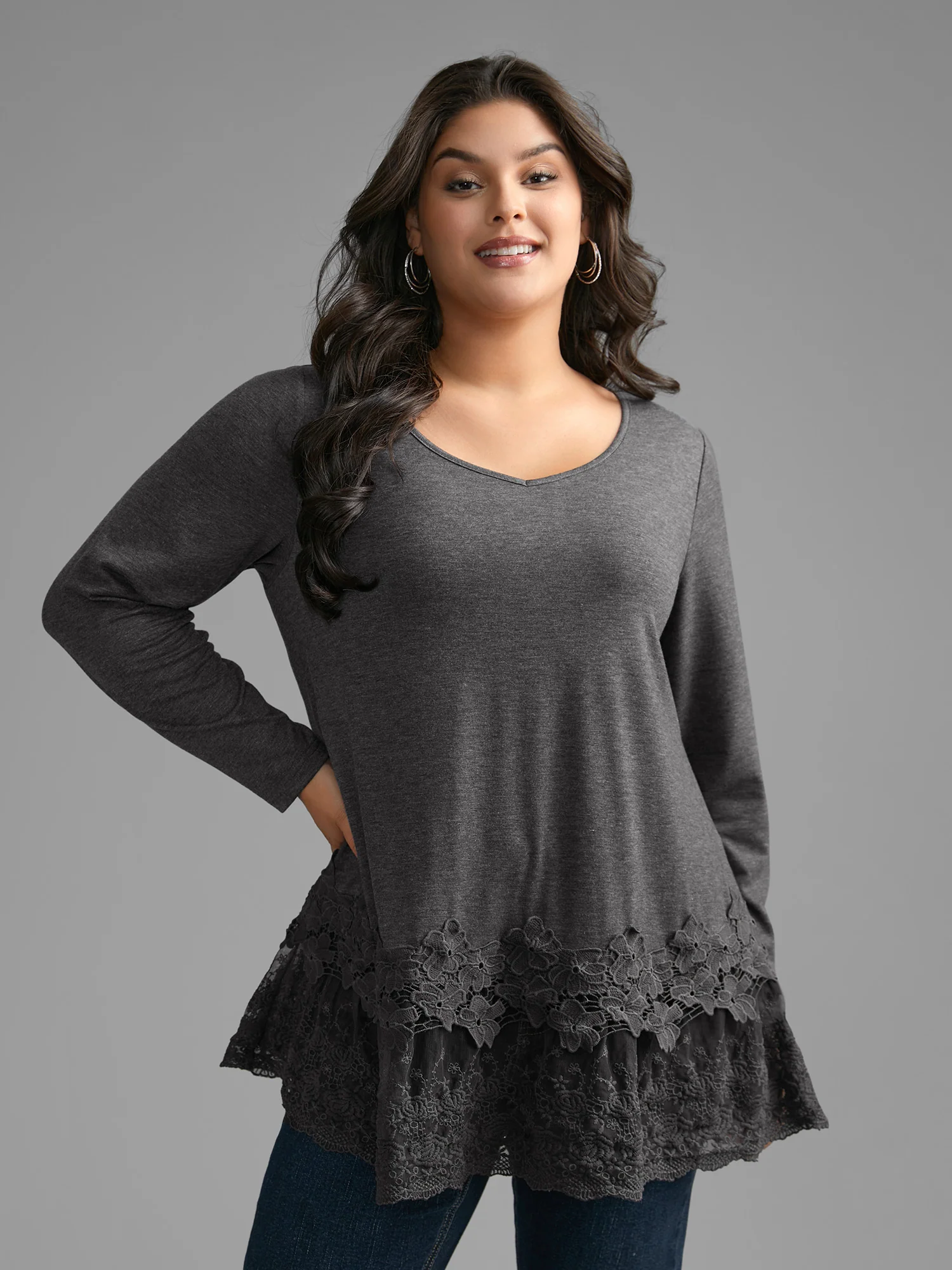 V Neck Lace Panel Jersey Top - Image 2