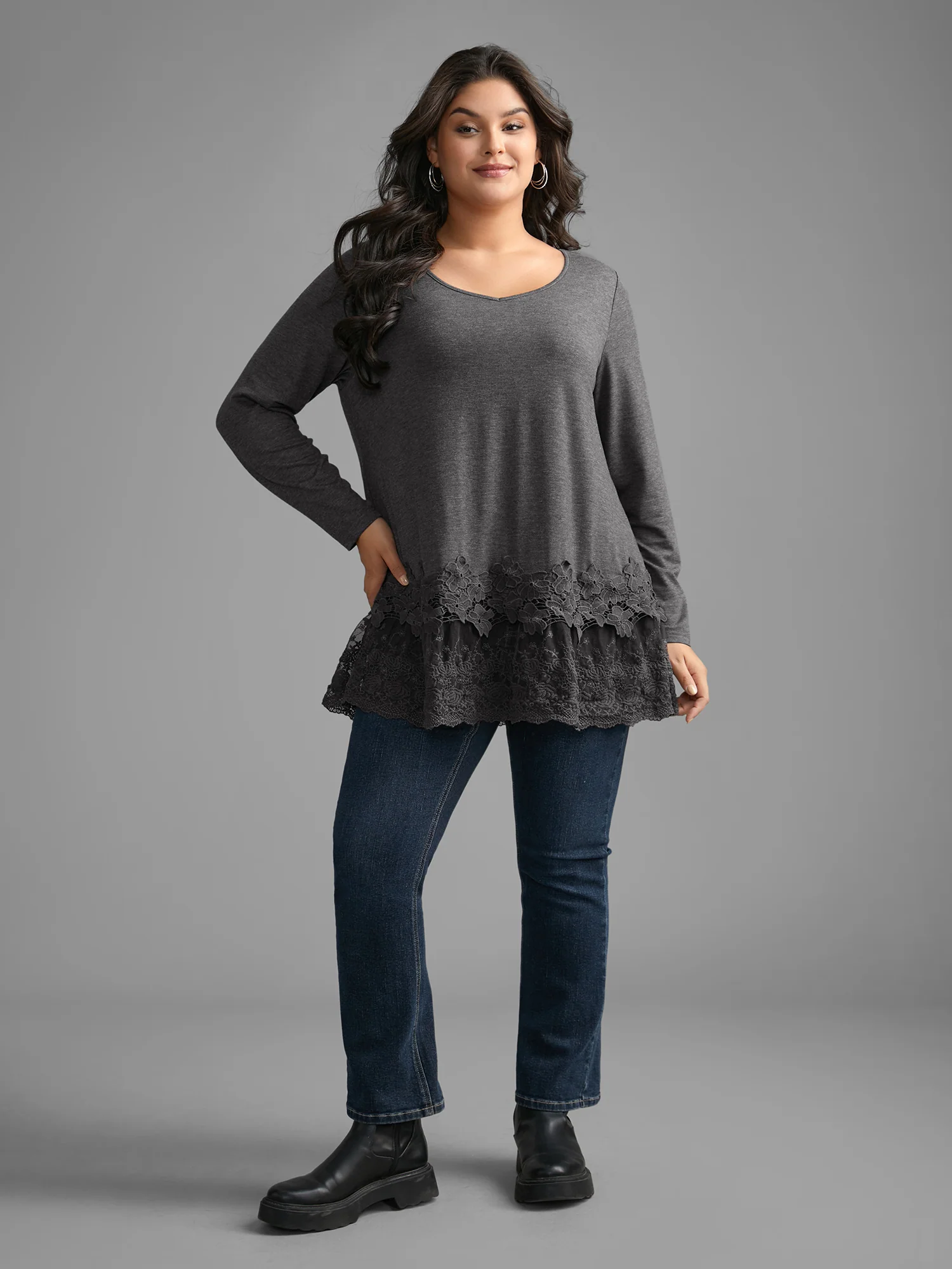 V Neck Lace Panel Jersey Top - Image 3
