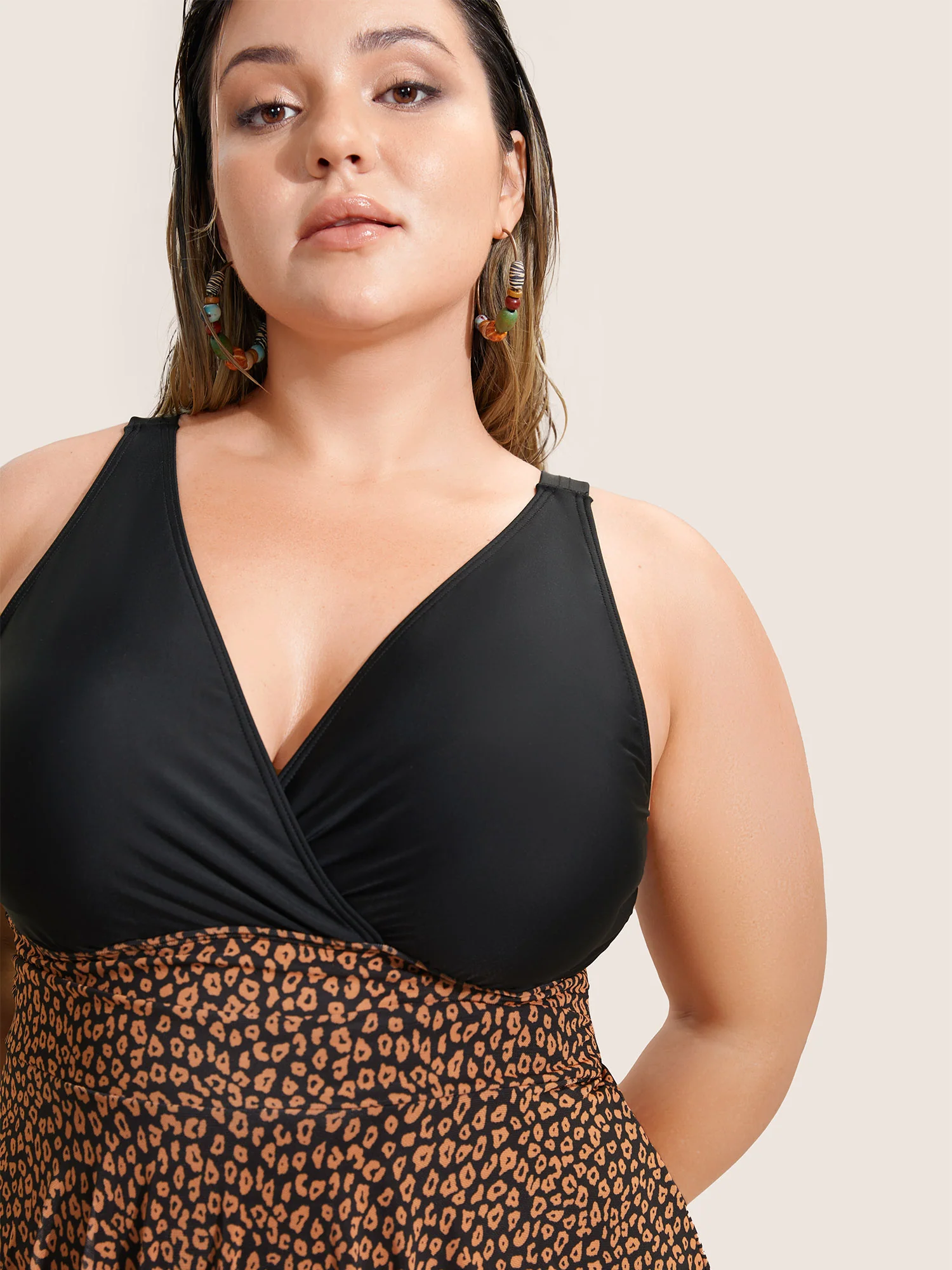 V Neck Leopard Print Patchwork Swim Dress - Image 3
