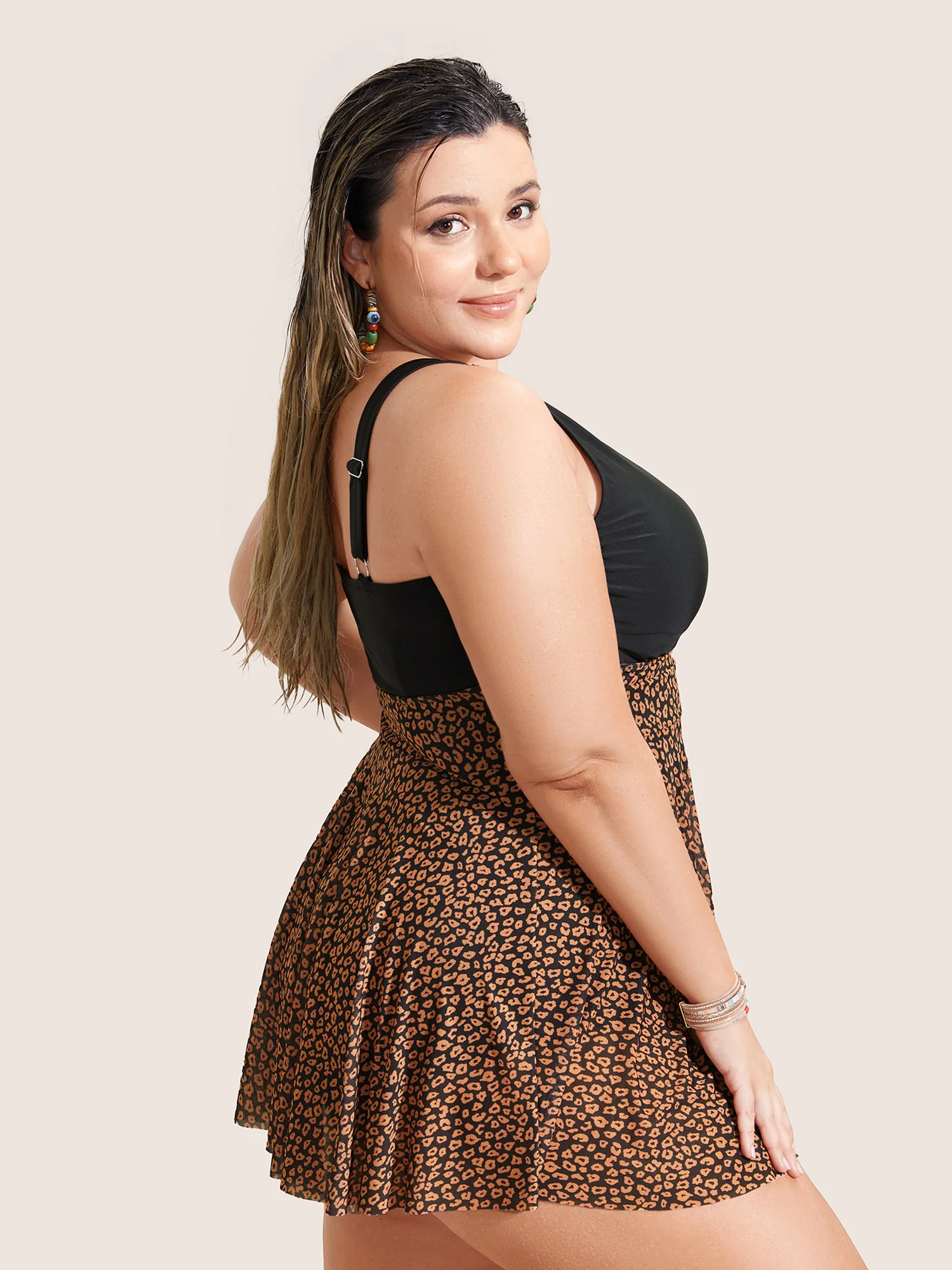 V Neck Leopard Print Patchwork Swim Dress - Image 4
