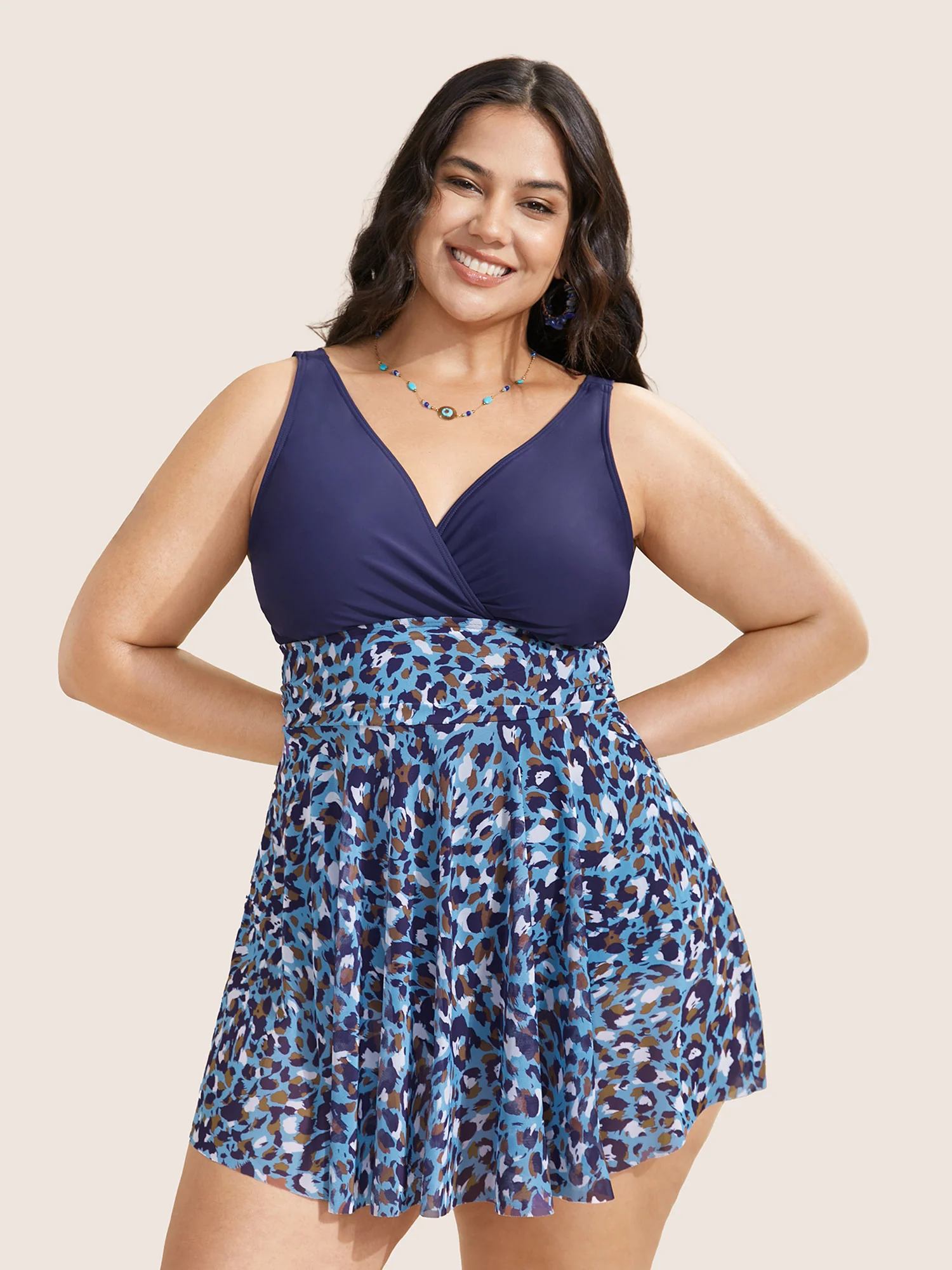 V Neck Leopard Print Patchwork Swim Dress - Image 8