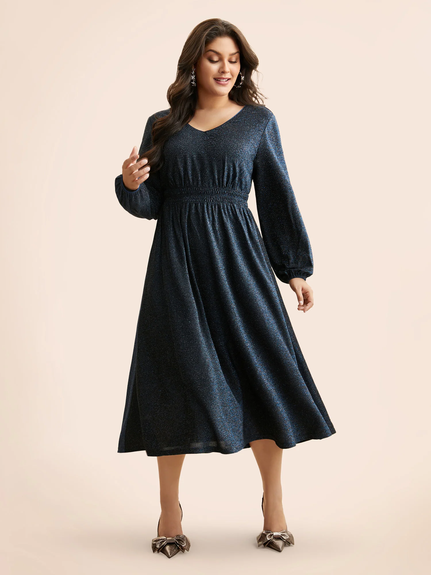 V Neck Luxe Texture Shirred Dress - Image 2