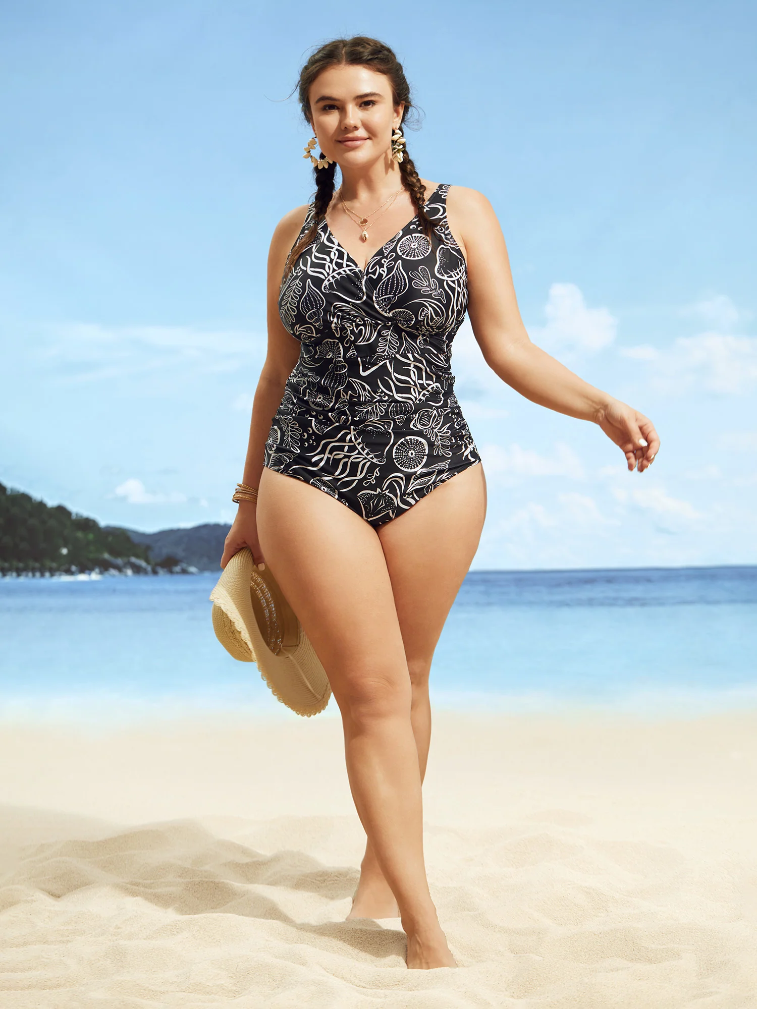 V Neck Marine Elements Gathered One Piece Swimsuit - Image 3