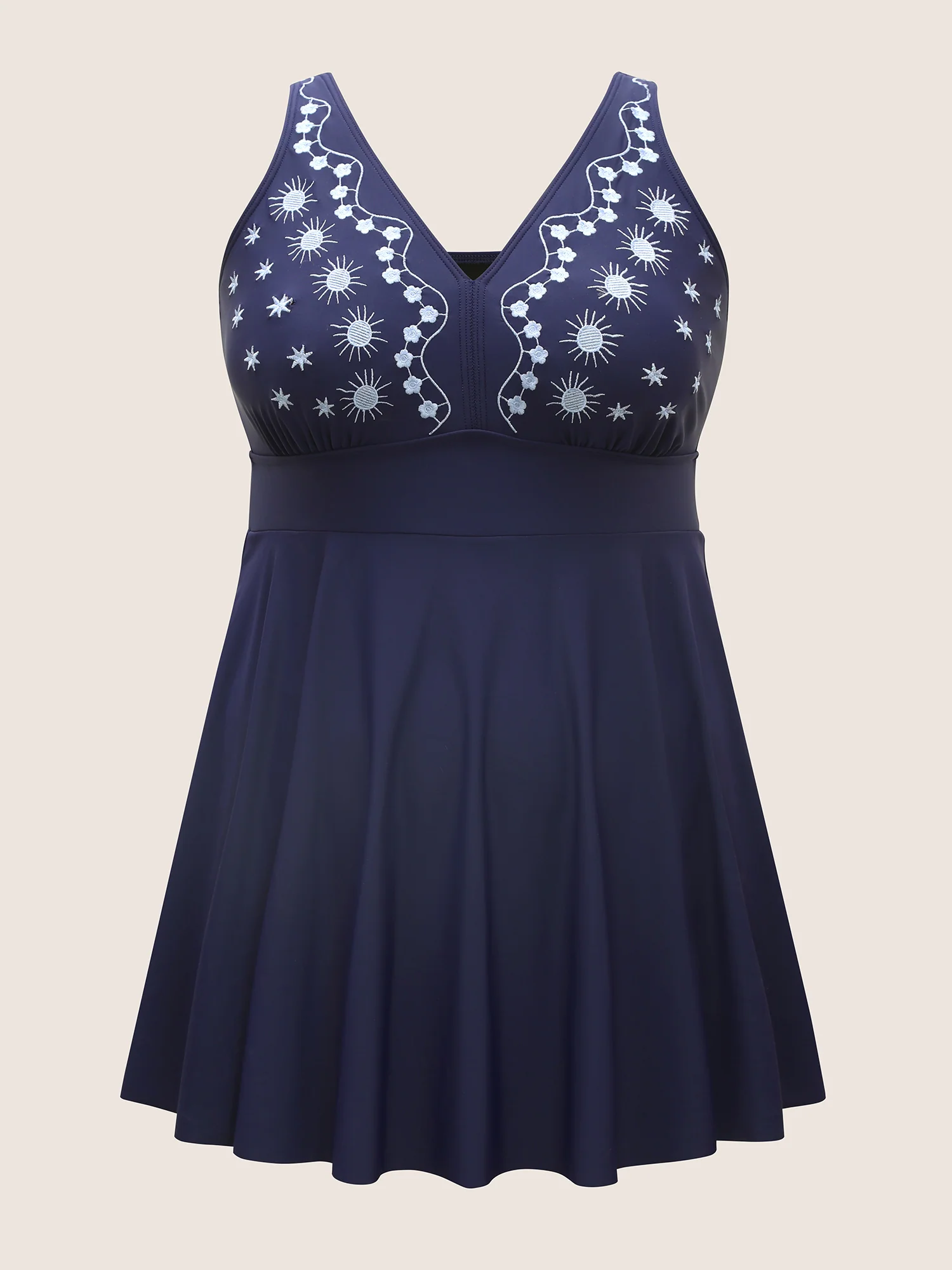 V Neck Moon & Star Embroidered Gathered Swim Dress - Image 7