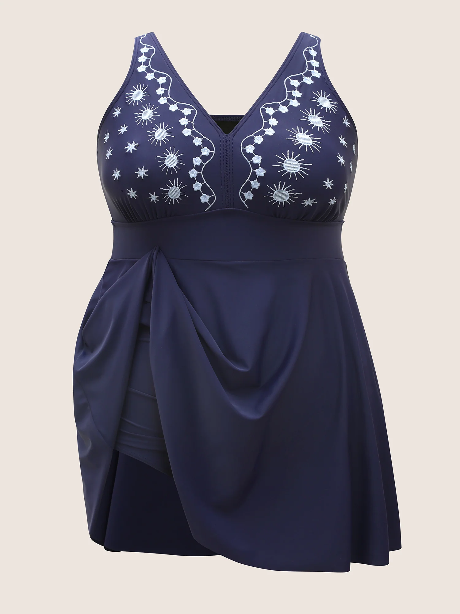 V Neck Moon & Star Embroidered Gathered Swim Dress - Image 8